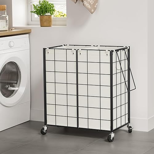 Miniatura 3 de WOWLIVE Cesta de lavandería doble con ruedas, marco de alambre de metal, cesta de lavandería con 2 bolsas extraíbles, cesta de ropa sucia de 120 L,