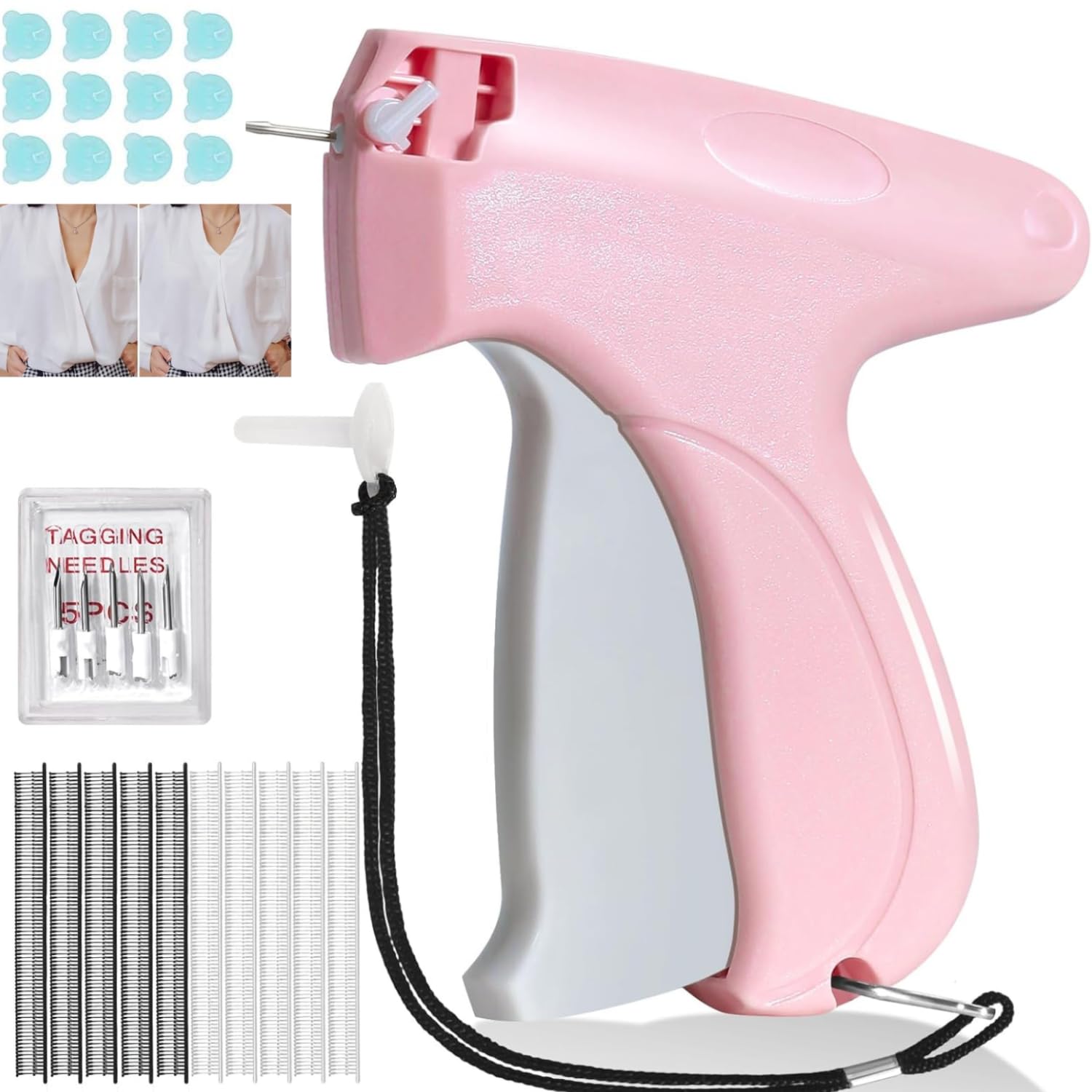 stitching gun for clothes fixer tool- Handheld Quick Stitch Sewing Gun Clothing Price Label - Tag Gun - Includes 5 Needle, 1000 Black Fasteners & 1000 White Fasteners,50 bear button (Pink) (Pink)