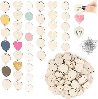 210Pcs Mini Wood Craft Set with Holes and Metal Rings for Birthday Calendar,Heart Balloon and Circle Shape Craft Tags for DIY Family Birthday Board,Chore Chart,Valentine’s Gifts,Arts Crafts Projects