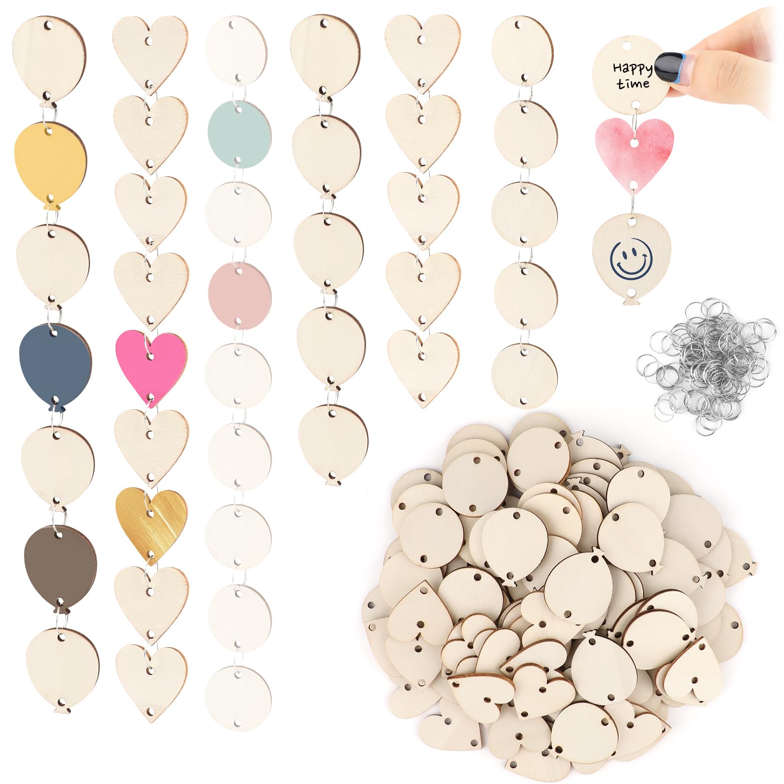 210 Pcs Wooden Craft Tags with Holes and Metal Rings, 3cm Unfinished Natural Wood Heart Balloon and Circle Shapes for DIY Birthday Calendar Board and Arts Crafts