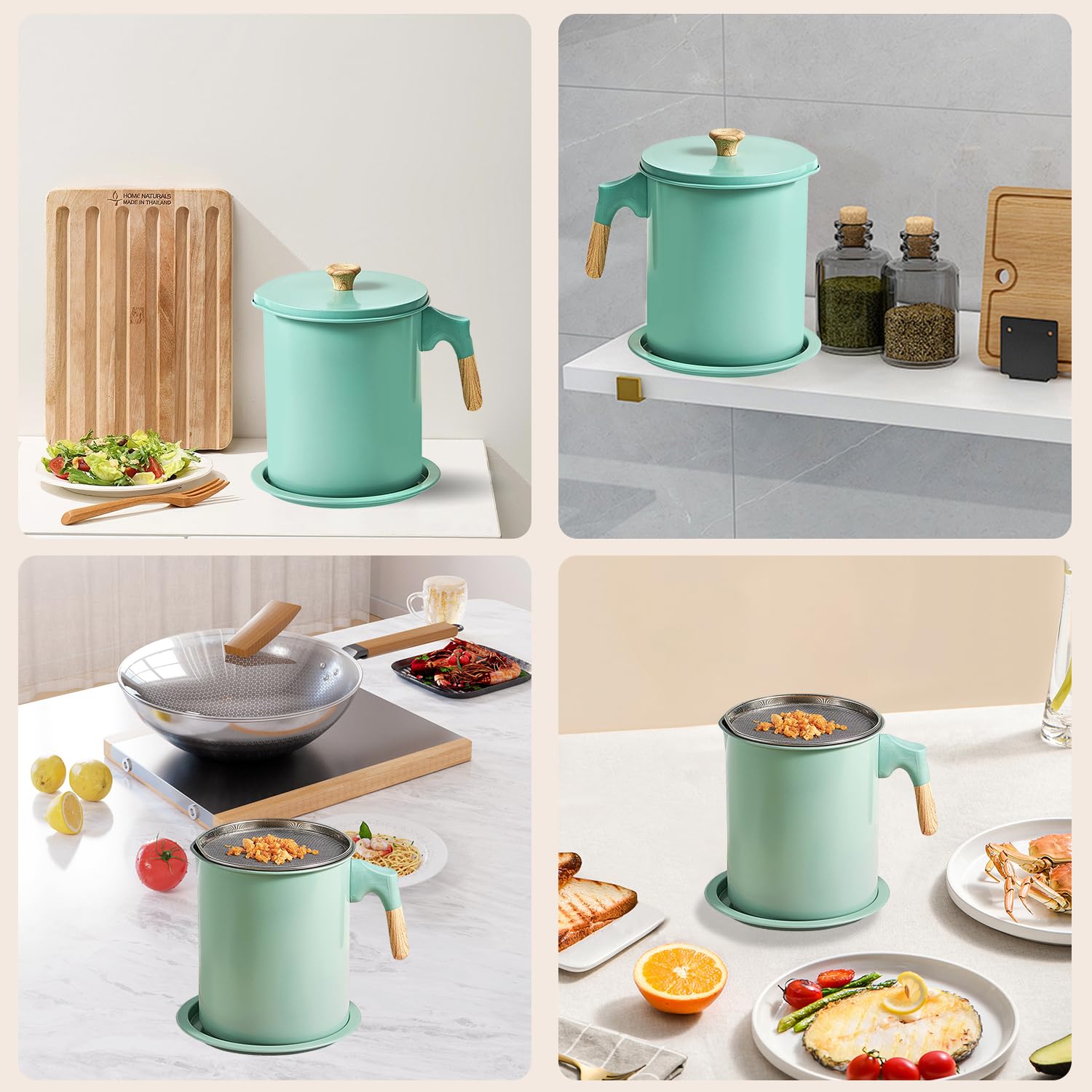 Contenedor De Grasa De Tocino Con Colador, Colador De Aceite De 47 Oz/1,4 L, Recipiente De Almacenamiento De Aceite Para Cocina, Filtro De Suministros De Almacenamiento De Aceite(Verde claro)