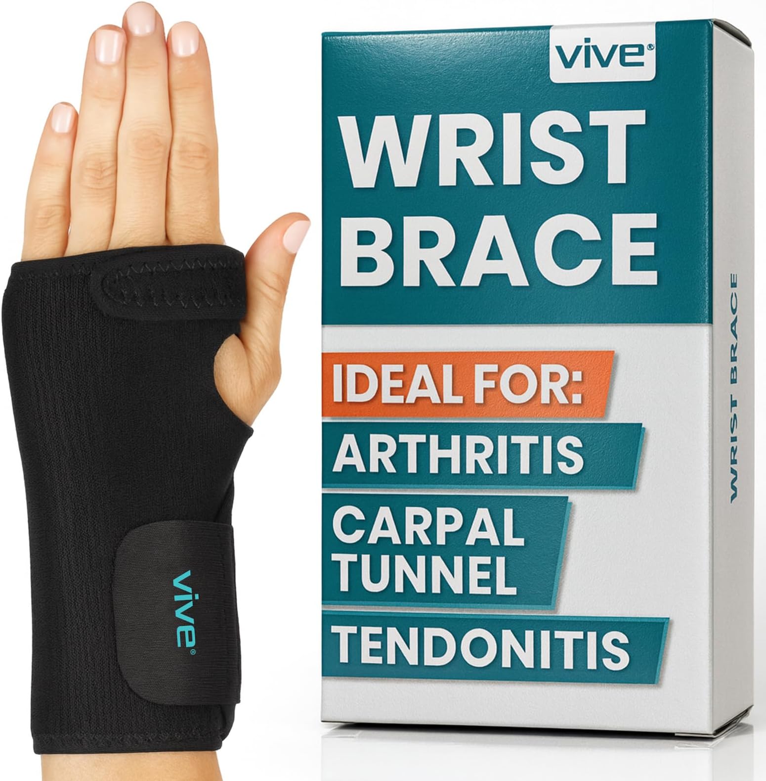 Vive Wrist Brace - Carpal Tunnel Hand Compression Support Wrap for Men, Women, Tendinitis, Bowling, Sports Injuries Pain Relief - Removable Splint - Universal Ergonomic Fit (Left)