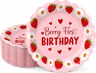 100 Pcs Strawberry Paper Plates 9 Inch Berry First Birthday Decor | Disposable Dessert Strawberry Shortcake plates Party Supplies, Fruit Themed Tableware Set for Summer Sweet One Baby Shower