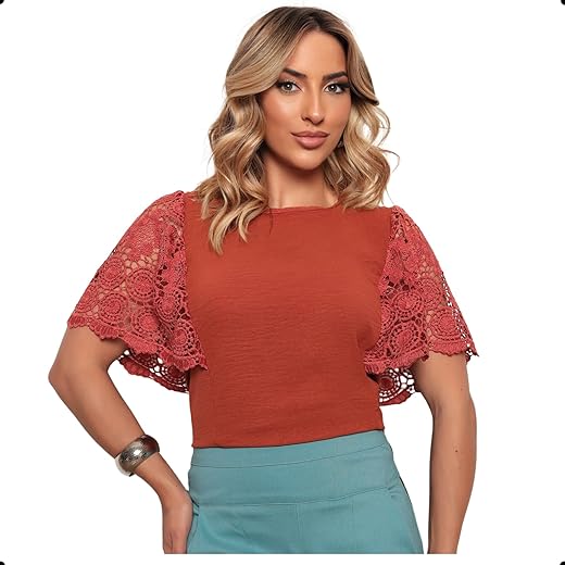 Blusa Elegante Feminina Manga em Renda Confortável Não Amassa Diversas Ocasiões Casamento Batizado Festas