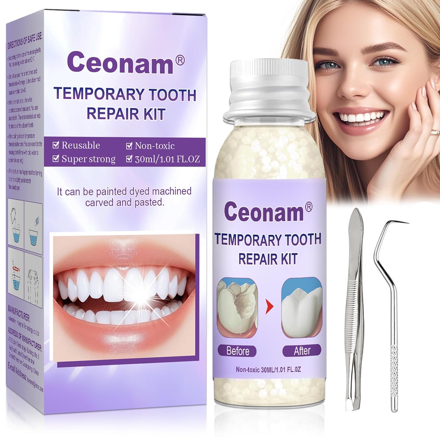1.0oz / 30ml Moldable Tooth Repair Kit with Stainless Steel Tweezer and Dental Pick, Temporary Teeth Replacement Beads in Natural Color for Broken or Missing Teeth, Denture Repair, and DIY Oral Care