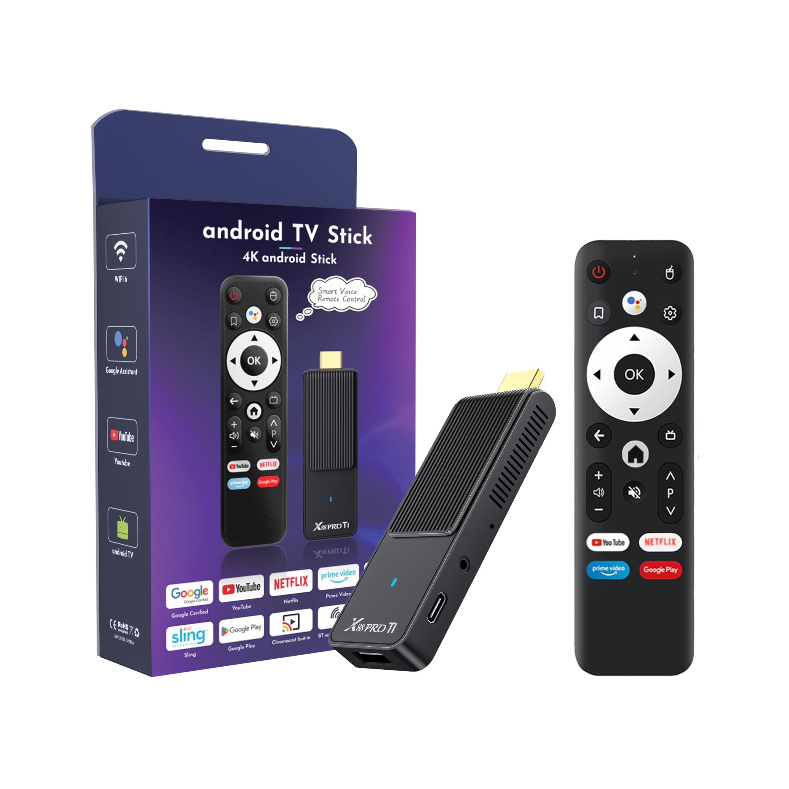 GREVA TV Stick Android 4K Ultra HD - Streaming Device, Latest Android 14.0 TV Stick Box 2 GB 16 GB HDR/AV1/2,4G/5G WiFi/BT 5.0, 3D HD Smart Box Streaming Media Player with Assistant Voice Remote