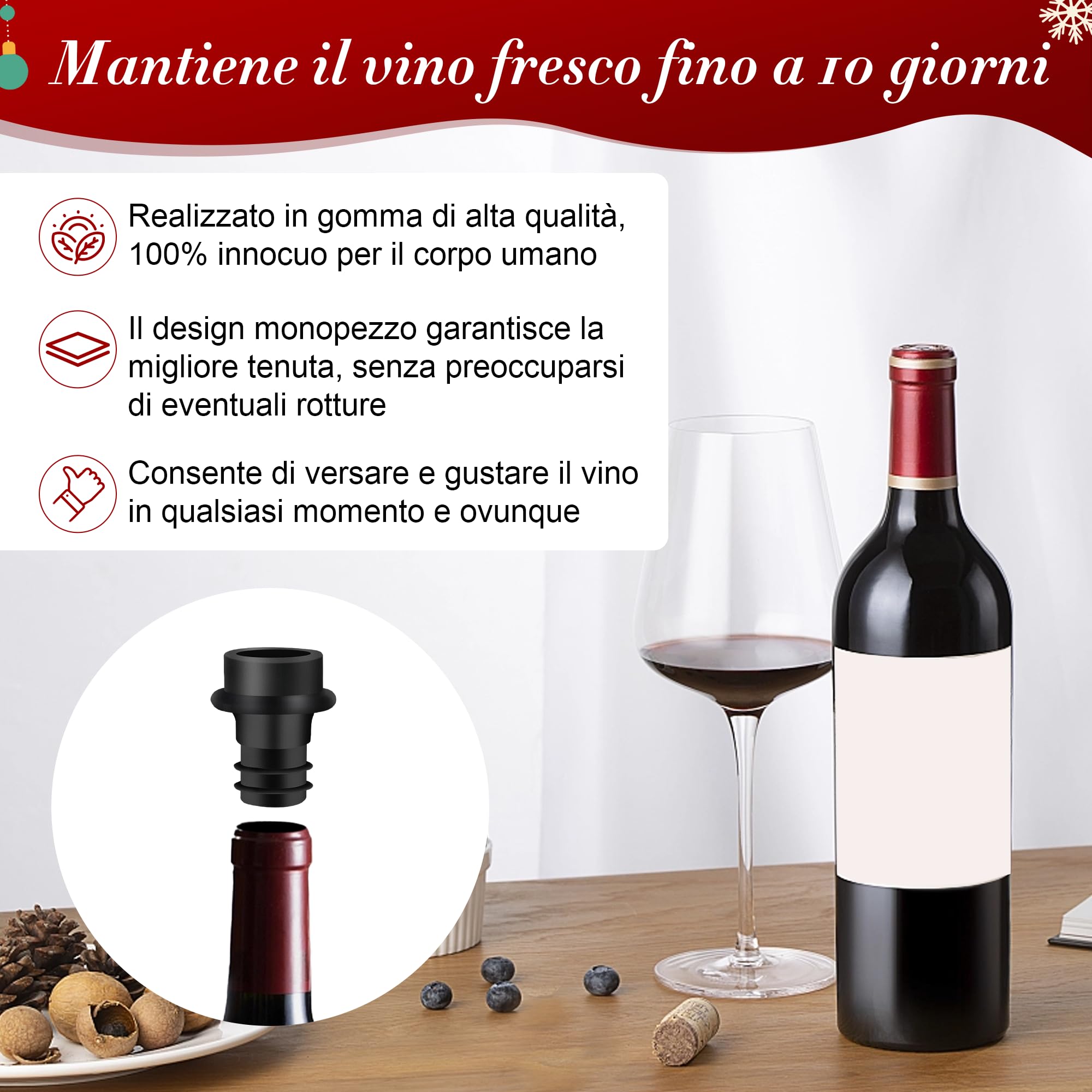 WIWONEY Pompa per Vino Sottovuoto, Tappo Vino Sottovuoto, Salvavino Elettrico, con 1 Pompa per Vino ricaricabile e 4 Tappi per Vino di Riutilizzabili (Nero