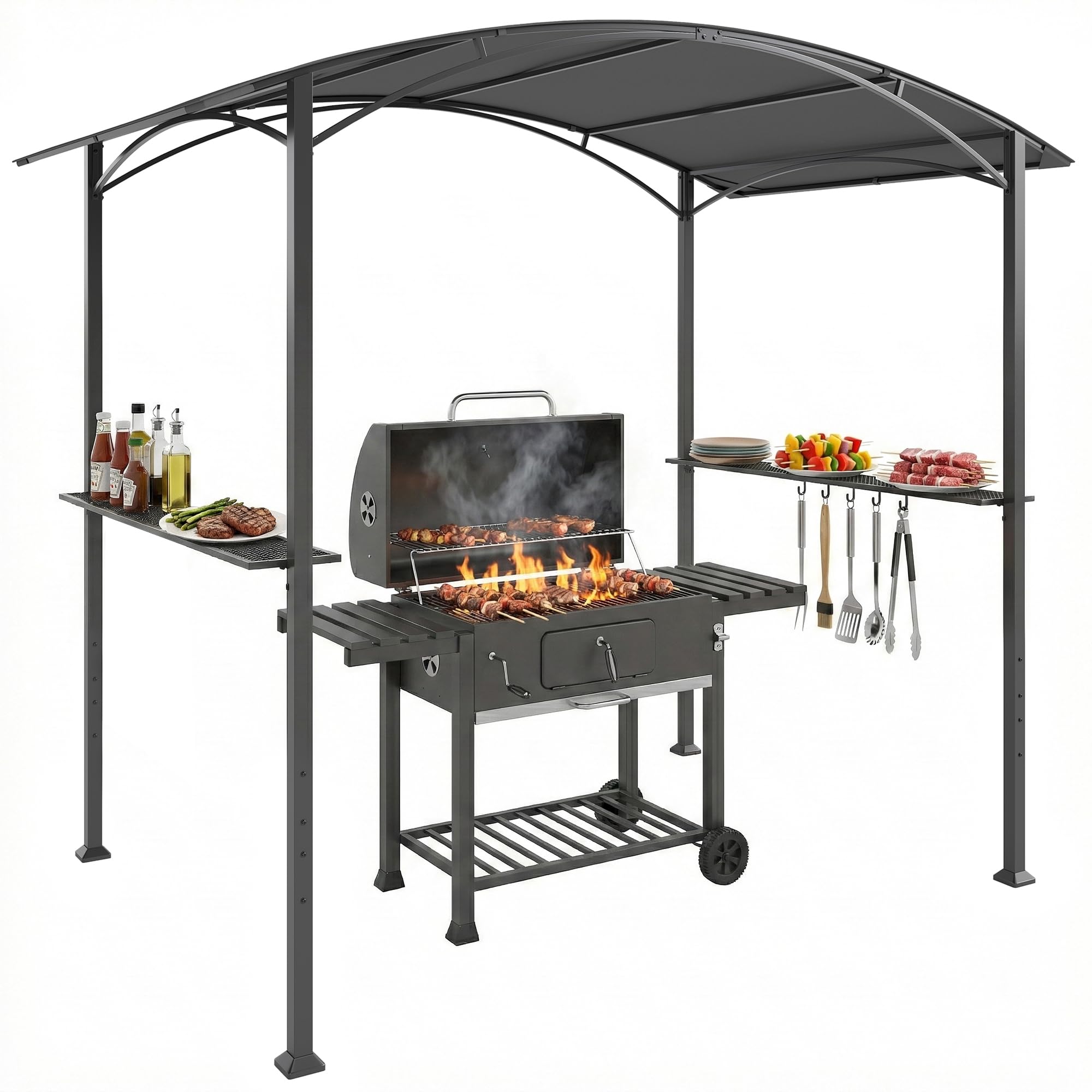 Outsunny Abri pour Barbecue avec Crochets 245 x 152 x 218 cm Gris Foncé | Tonnelle de Jardin, Tonnelle Barbecue Exterieur, en Acier, avec Étagères Latérales, pour Terrasse Jardin Cour
