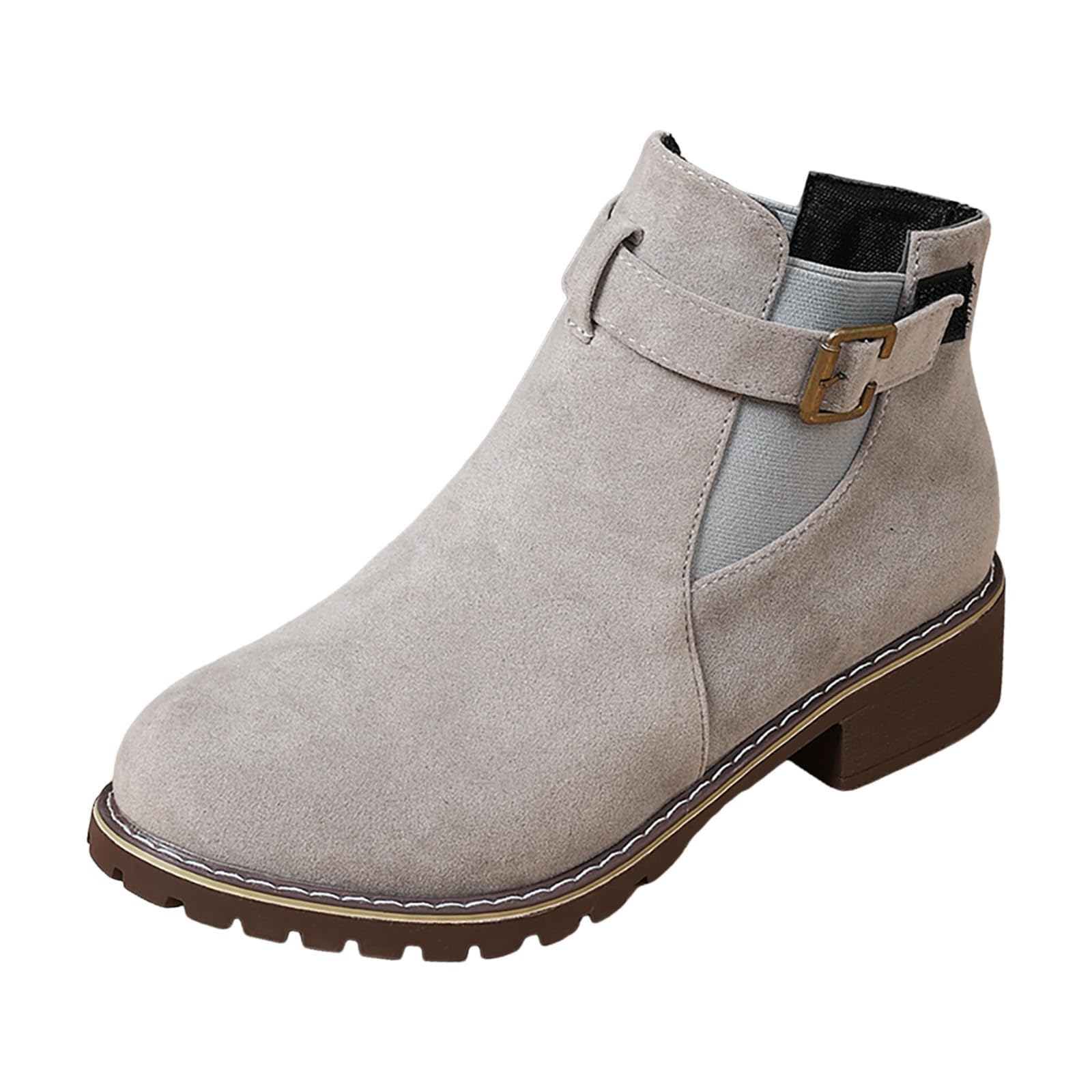 Ankle Boots for Women Side Strap V Cut Platform Short Booties Suede Round Toe Low Chunky Heel Boots