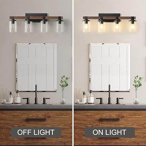 Miniatura 7 de Lámparas de tocador de baño, 4 luces, luces de madera rústicas de baño sobre espejo con pantalla de vidrio transparente, aplique de pared industrial