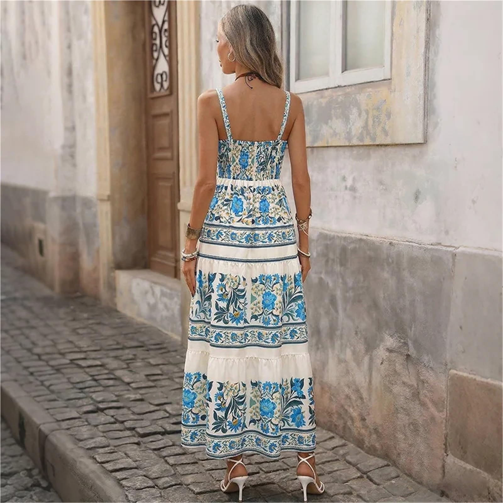Vestido de Playa Verano Estilo Bohemio Halter Estampado étnico Largo Mujer Adecuado for Vacaciones