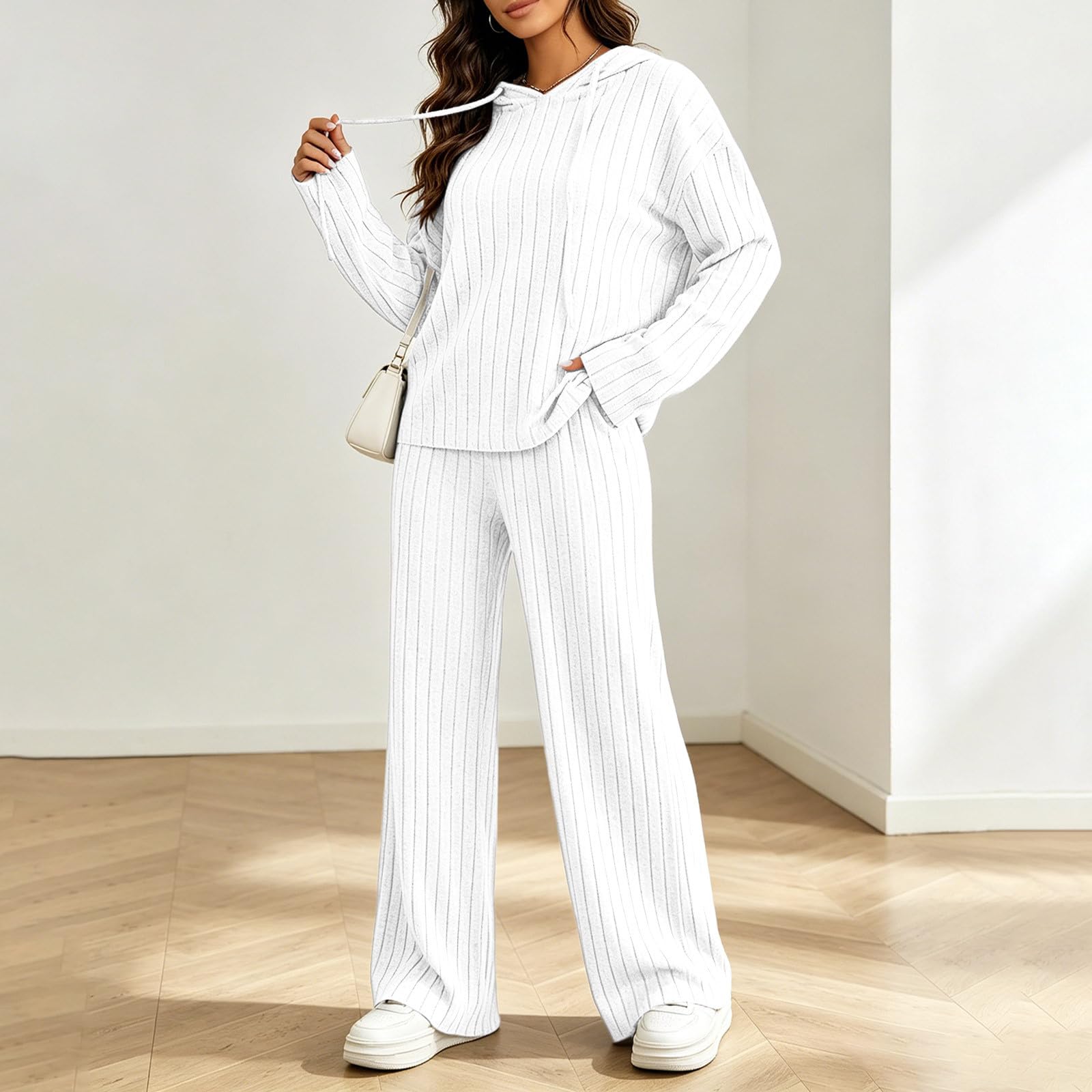 Ensemble Femme Tricot Côtelé Pull À Capuche Pantalon Droit 2 Pièces Ensemble Jogging Femme Hiver Automne Grandes Tailles Vêtement De Nuit Doux Tenue Interieur Chic Et Elegant