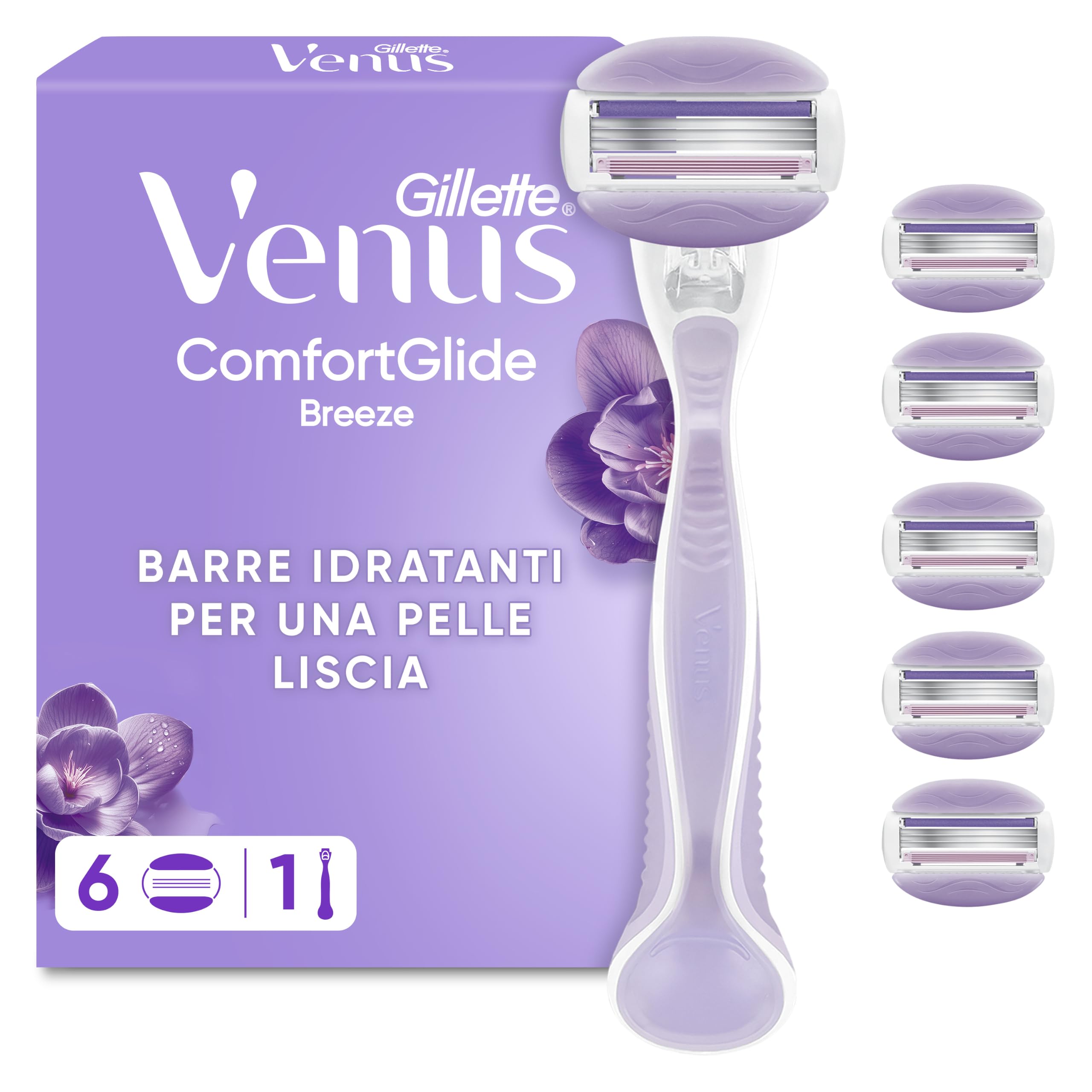 Gillette Venus Comfortglide Breeze Rasoio Donna con 6 Lamette di Ricambio, Manico in Metallo Riutilizzabile e Supporto per Doccia, per una Rasatura Liscia e Profonda Che Dura