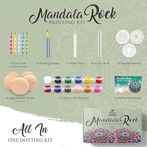 Miniatura 2 de MoonGarden Kit de pintura de rocas de mandala, kit de herramientas de punteado de mandala, rocas grandes de madera para pintar, plantillas, pinturas