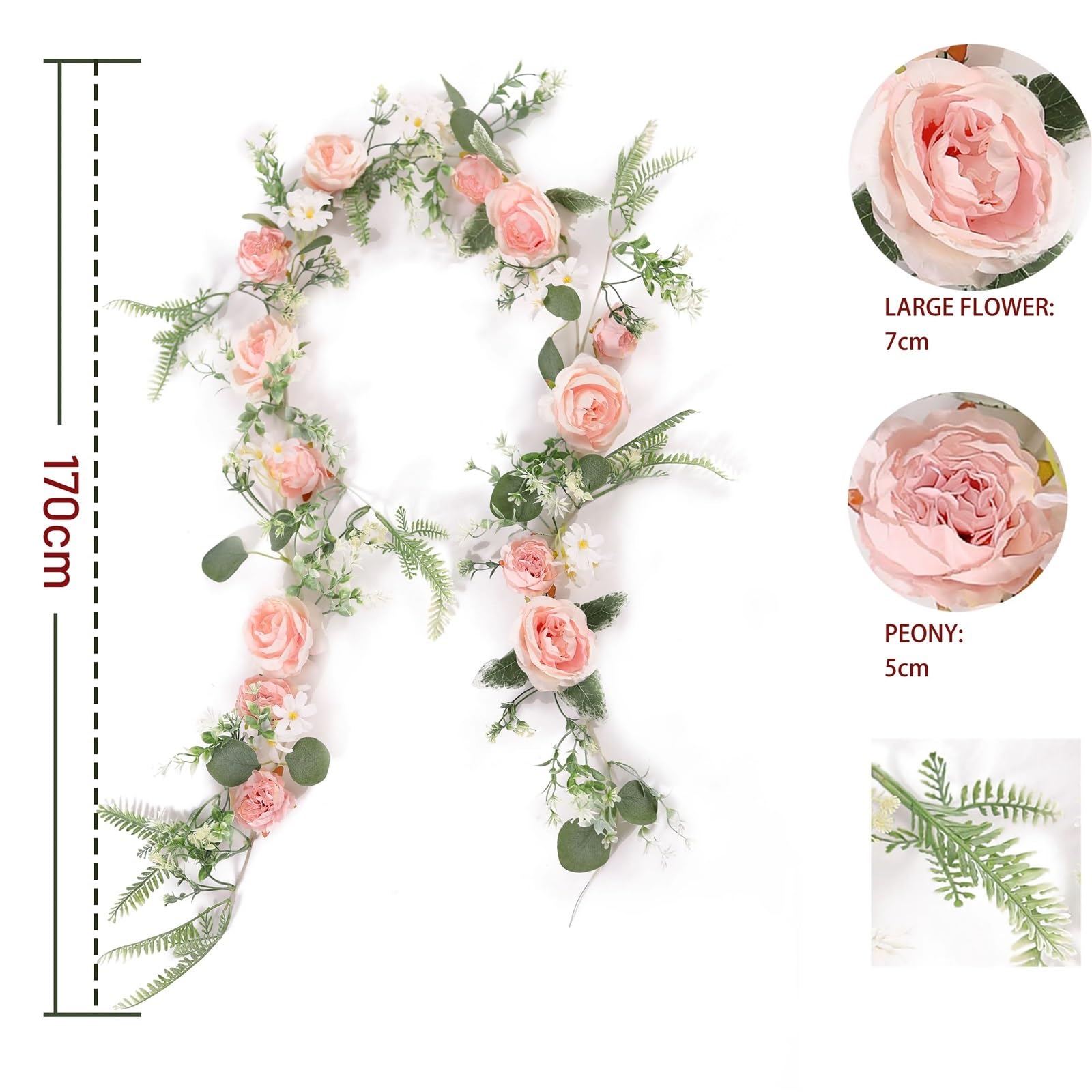 Blumengirlande 1,7 m Lange Seiden-Rosen-Pfingstrosen-Girlande, künstliche Blumen, Eukalyptusblätter, Ranken, Pflanzen for Hochzeitsbögen, Türen, Tischdekoration(1pc Luxury pink)