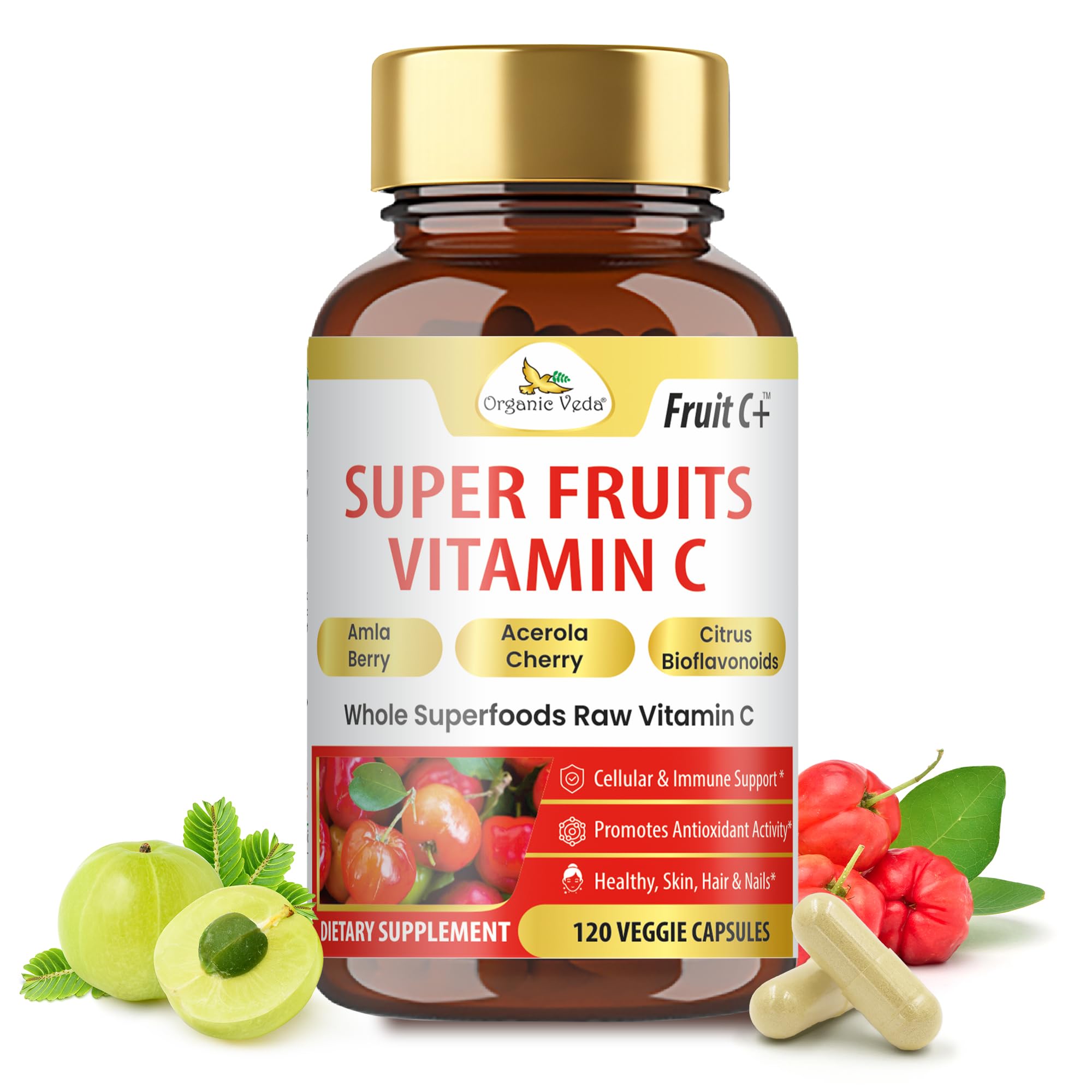 Fruit C+ Acerola & Amla Vitamin C Capsule - Citrus Bioflavonoids & Organic Super Fruits Vitamin C Supplement with Antioxidants & Polyphenol for Immune, Skin, Hair, Collagen Boost - 120 Vegan Capsules