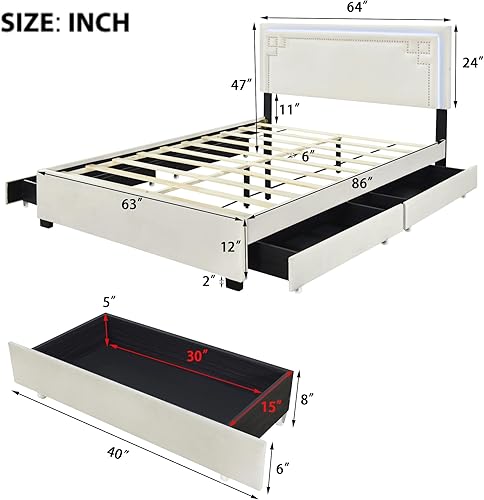 Miniatura 18 de Base de cama flotante tamaño Queen con luces LED y carga USB, marco de cama LED de plataforma tapizada moderna, no necesita somier (blanco-1)