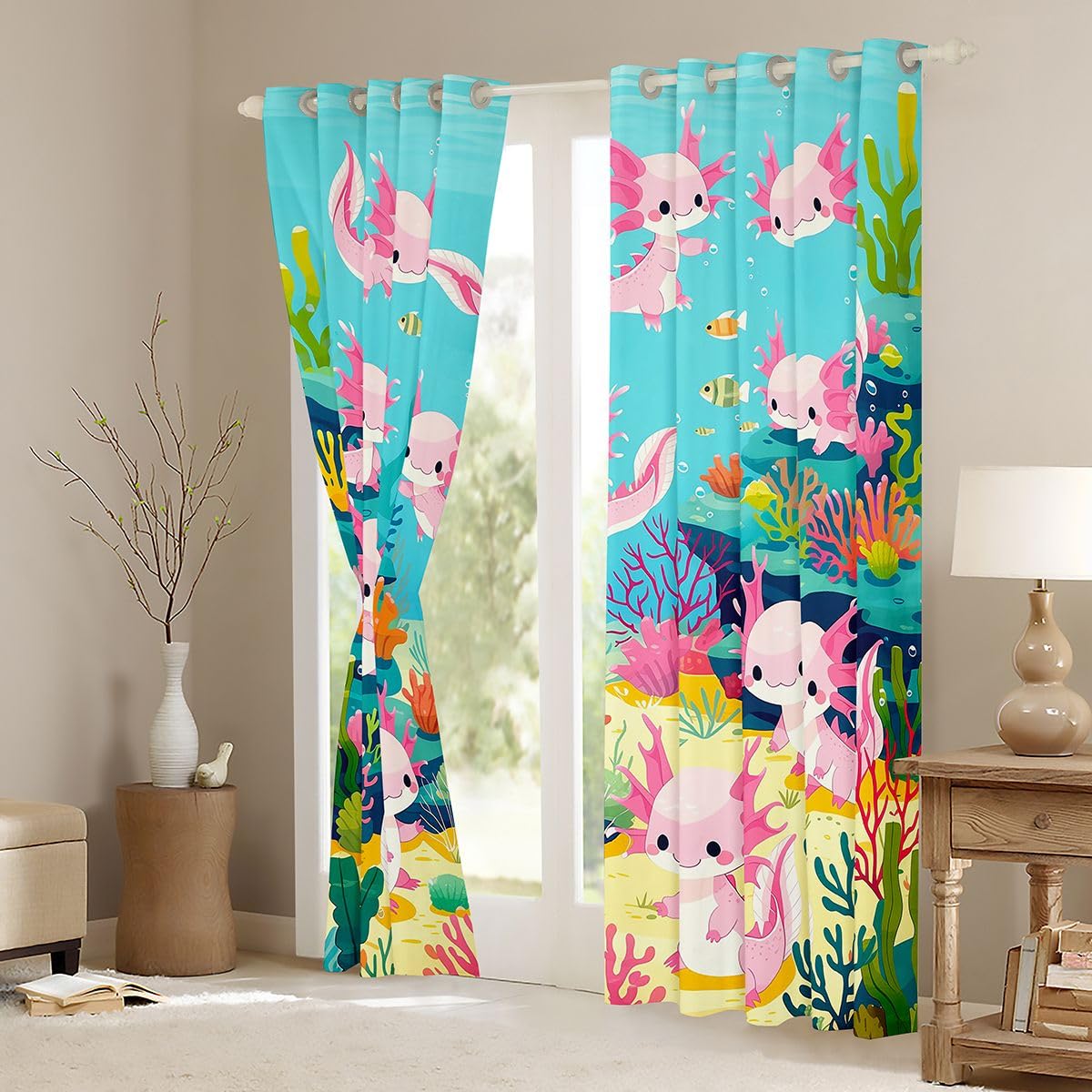 Homemissing Tende oscuranti Axolotl per camera da letto e soggiorno, motivo: salamandra, stile kawaii, oceano e vita marina, 2 pannelli, 167,6 x 228,6 cm, decorazione per la stanza