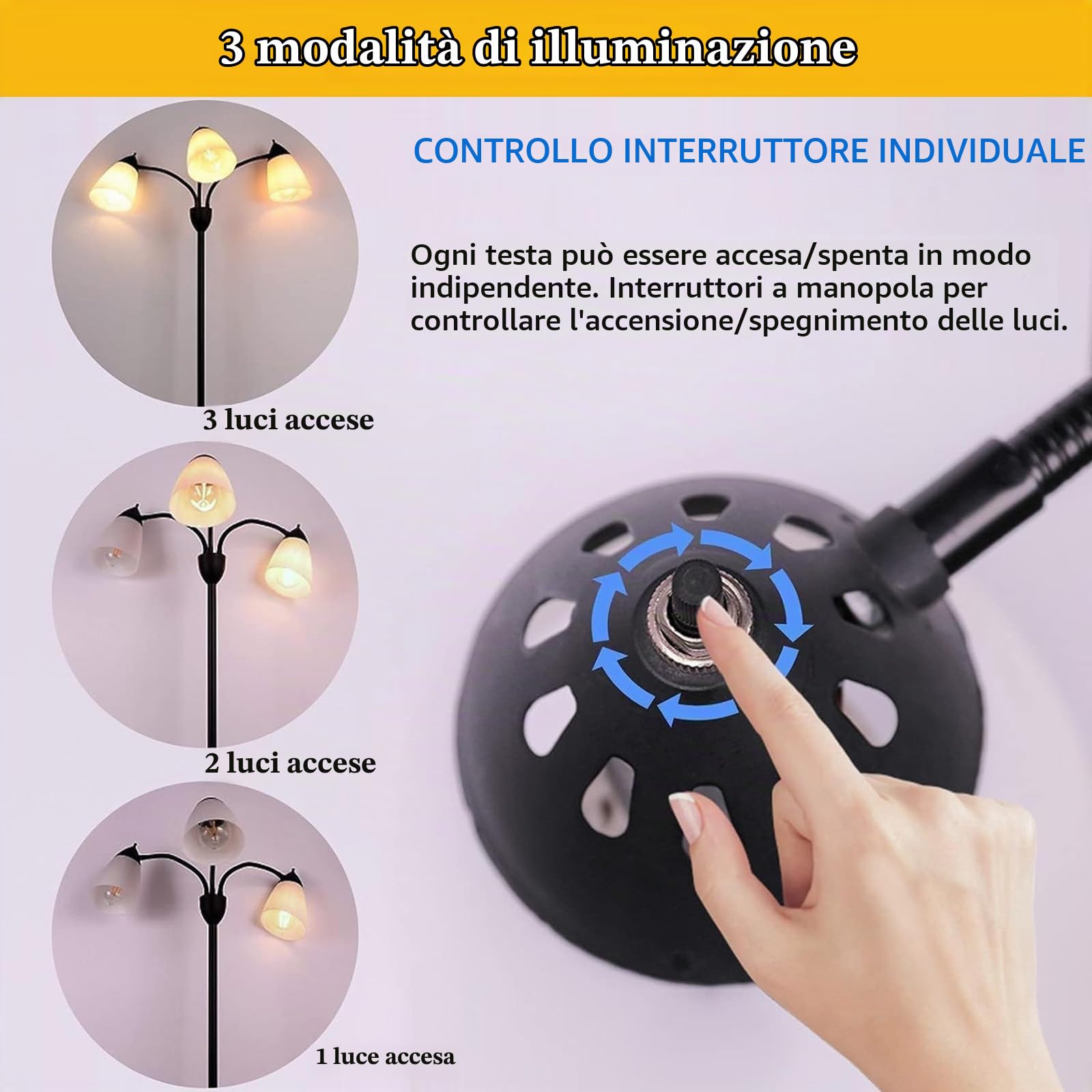 FIRVRE Lampada a Piantana da Terra, Lampada da Terra Moderna Design 3 Luci Individuale Controllo per Soggiorno, Letto, Lettura e Ufficio
