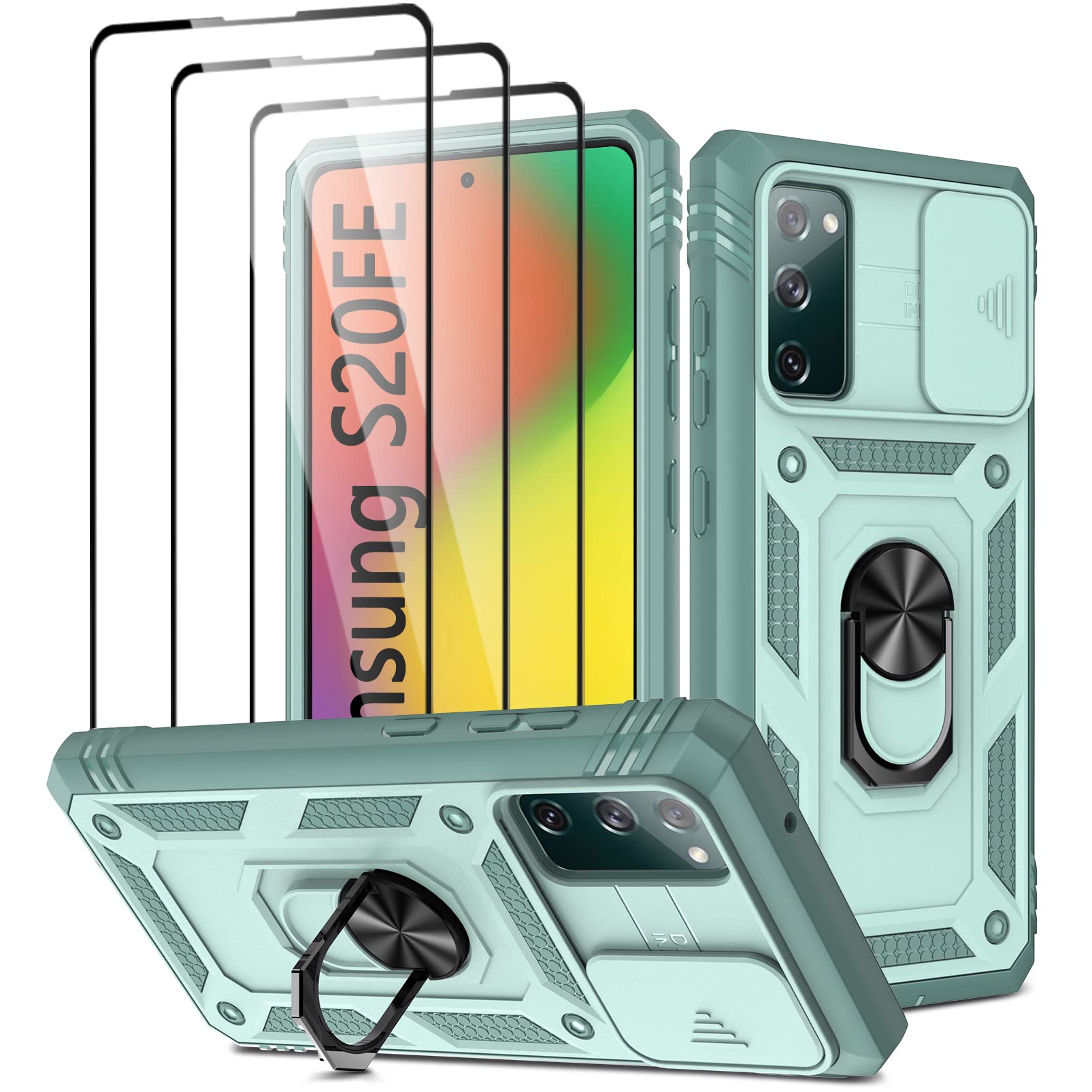 Case for Galaxy S20 FE 5G, for Galaxy S20 FE 4G Case with 3 Pcs Tempered Glass Screen Protector Built in Stand Kickstand + Camera Cover, Hard PC Soft