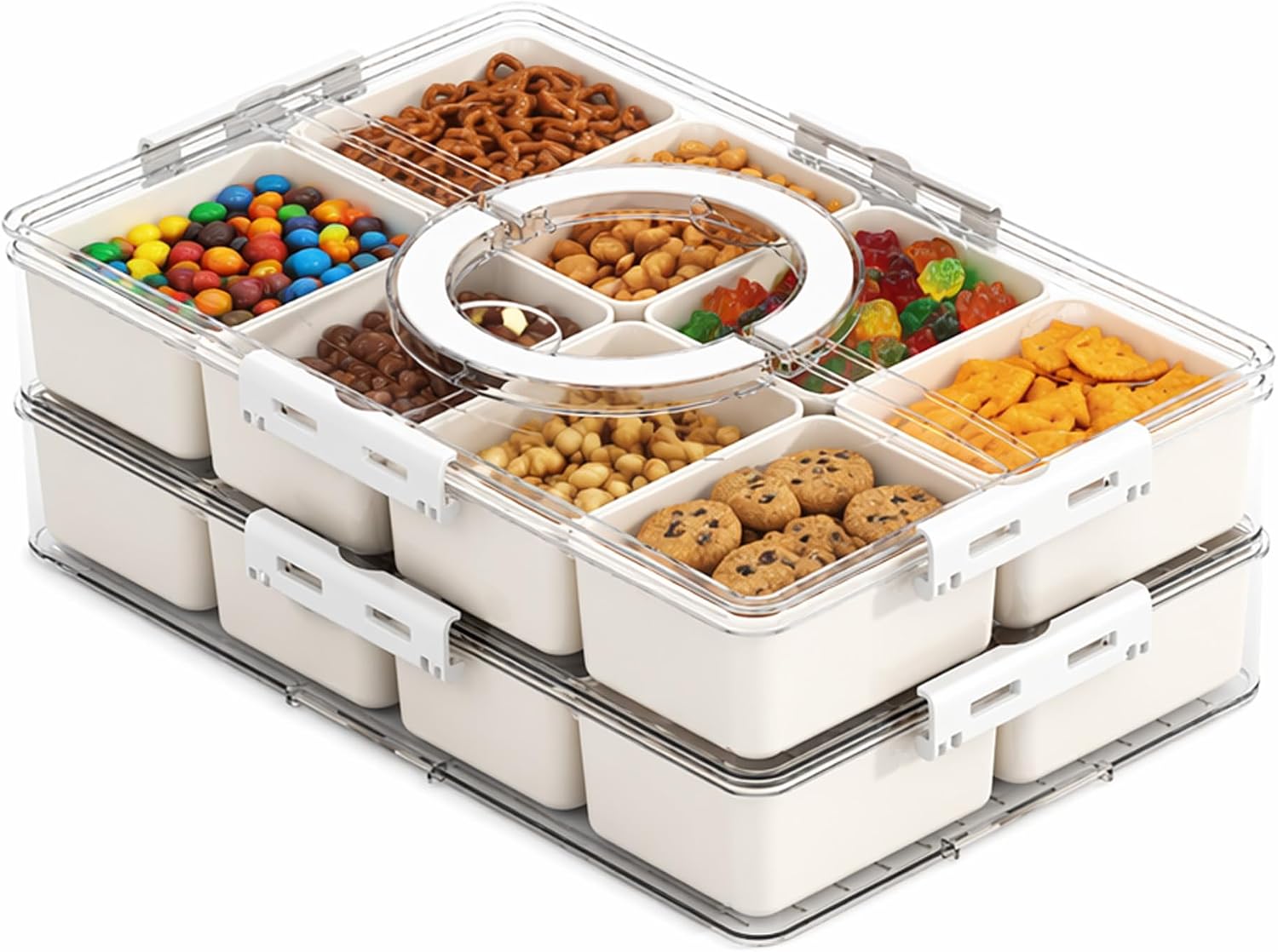 2 Pack Snack Box Container with 8 PP Compartments & 4 Draining Grids, Food Storage Tray with Lid & Handle, Dishwasher Safe, Portable Organizer for Picnic, Travel, Party