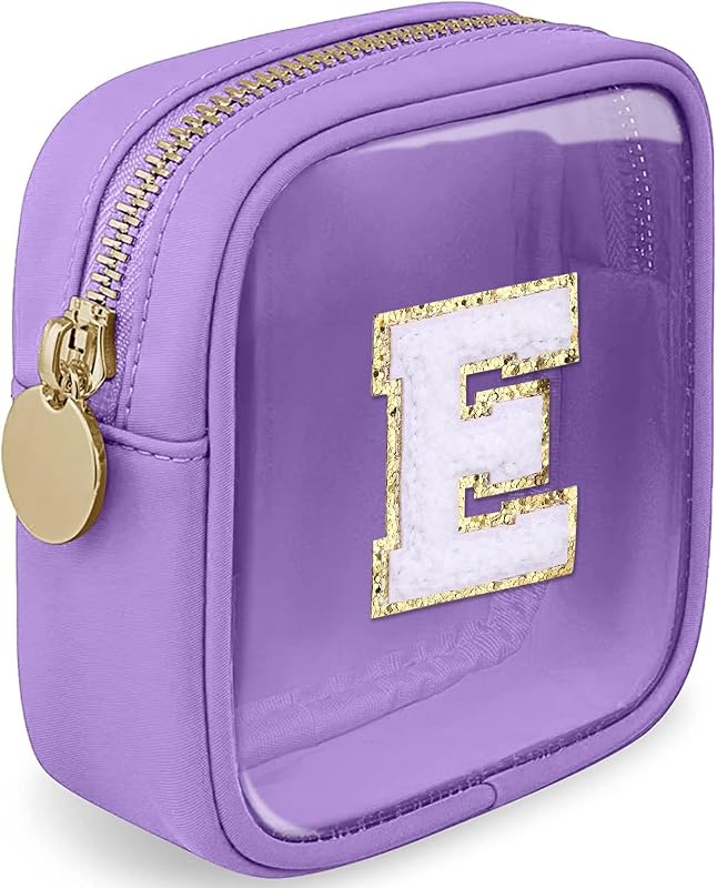 Necessaire de maquiagem transparente LOFOWN com zíper, letra E, roxa