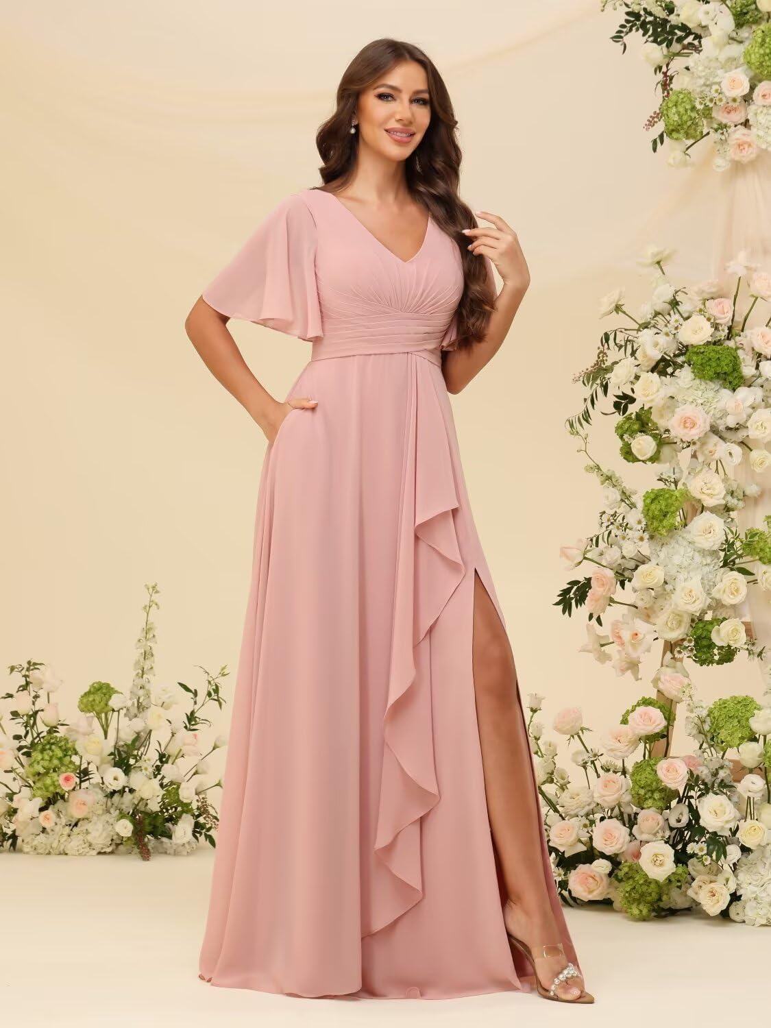 MYDRESS Chiffon Bridesmaid Dresses with Pockets Flutter Sleeves A-Line Ruffled Formal Dresses with Slit - Image 2