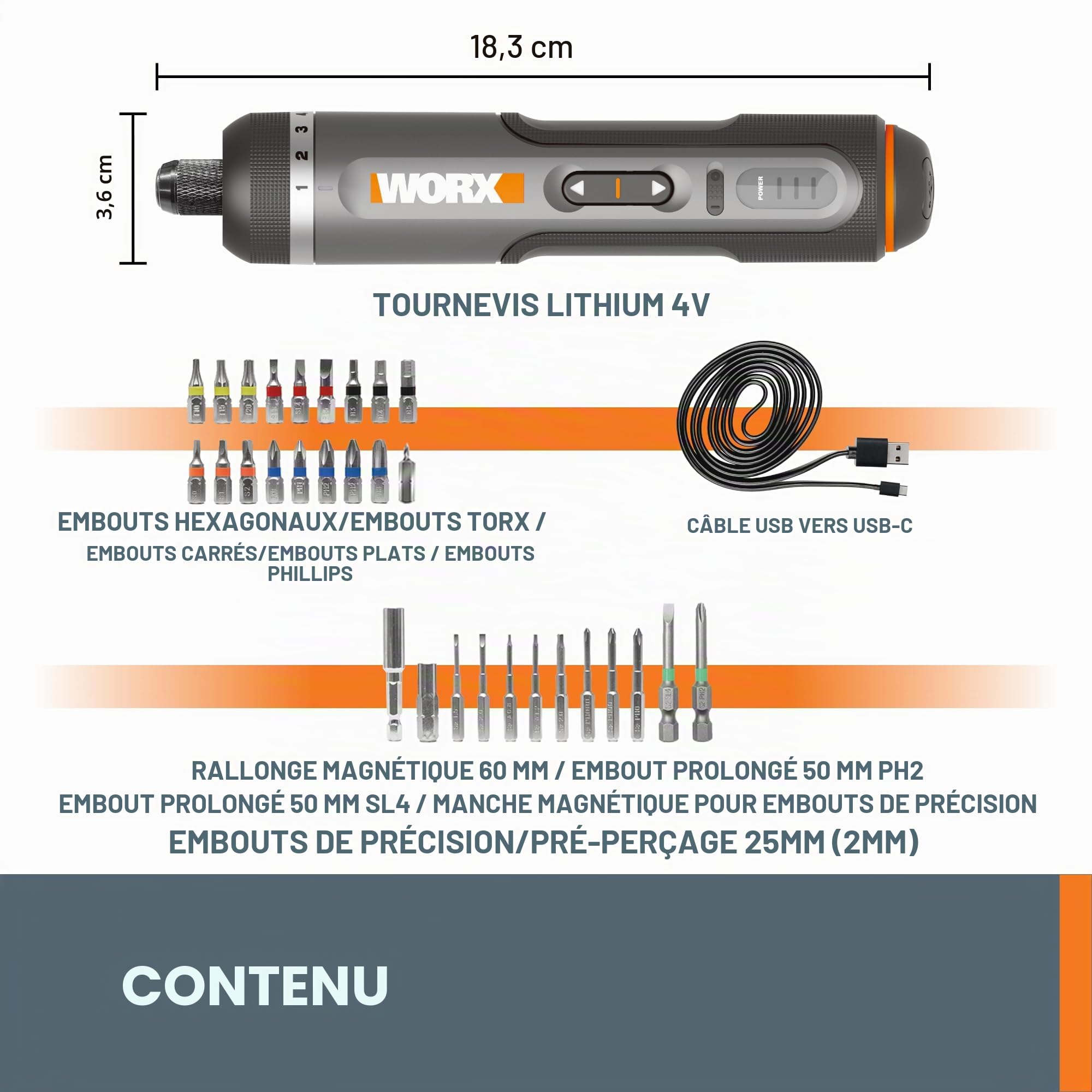 WORX Tournevis Lithium 4V 30 pièces Kit d'accessoires WX242L