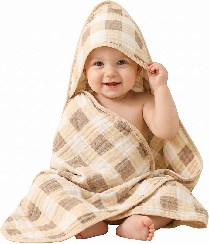 Muslin Baby Beach Bath Towel Hooded Organic Cotton Blend (Check) | 32x32 Inches, Ultra Soft Shape-Retaining Interlocking Weave, 6-Layer, Infant Beach Essentials, Baby Pool Poncho, Premium Bab