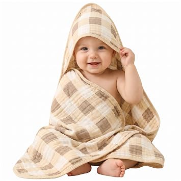 Ultra-Soft Muslin Baby Towel - 32 x 32 Inches, Ideal for Bath & Beach, Suitable for Both Boys & Girls from Newborns to ToddlersBeige Coffee Plaid