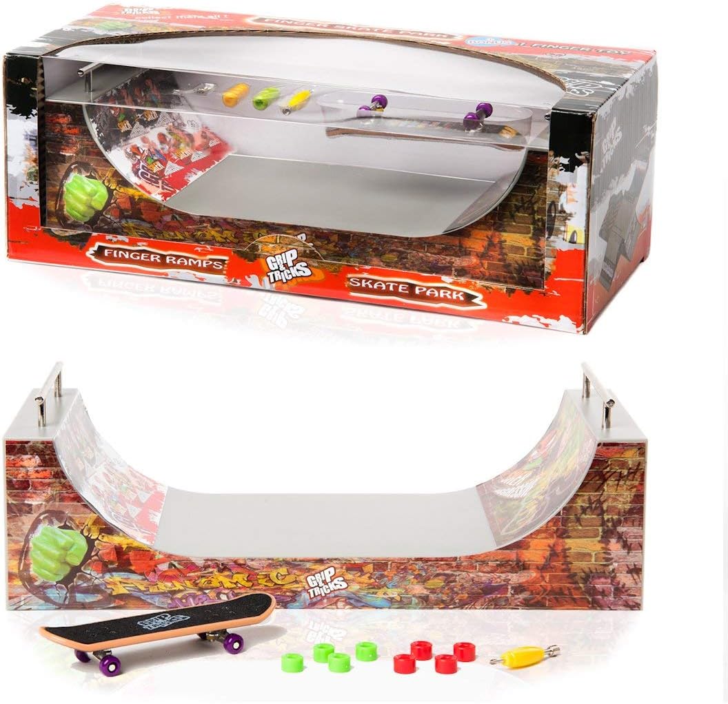 SPIRITRIDERS GRIP TRICKS and - Fingerboard Park Halfpipe with 1 Finger Skate 8 Extra Mini Fingerboards Wheels and 1 Mini Skateboard Tool - Finger Toy 28x11x10 cm for 6+ years old Kid