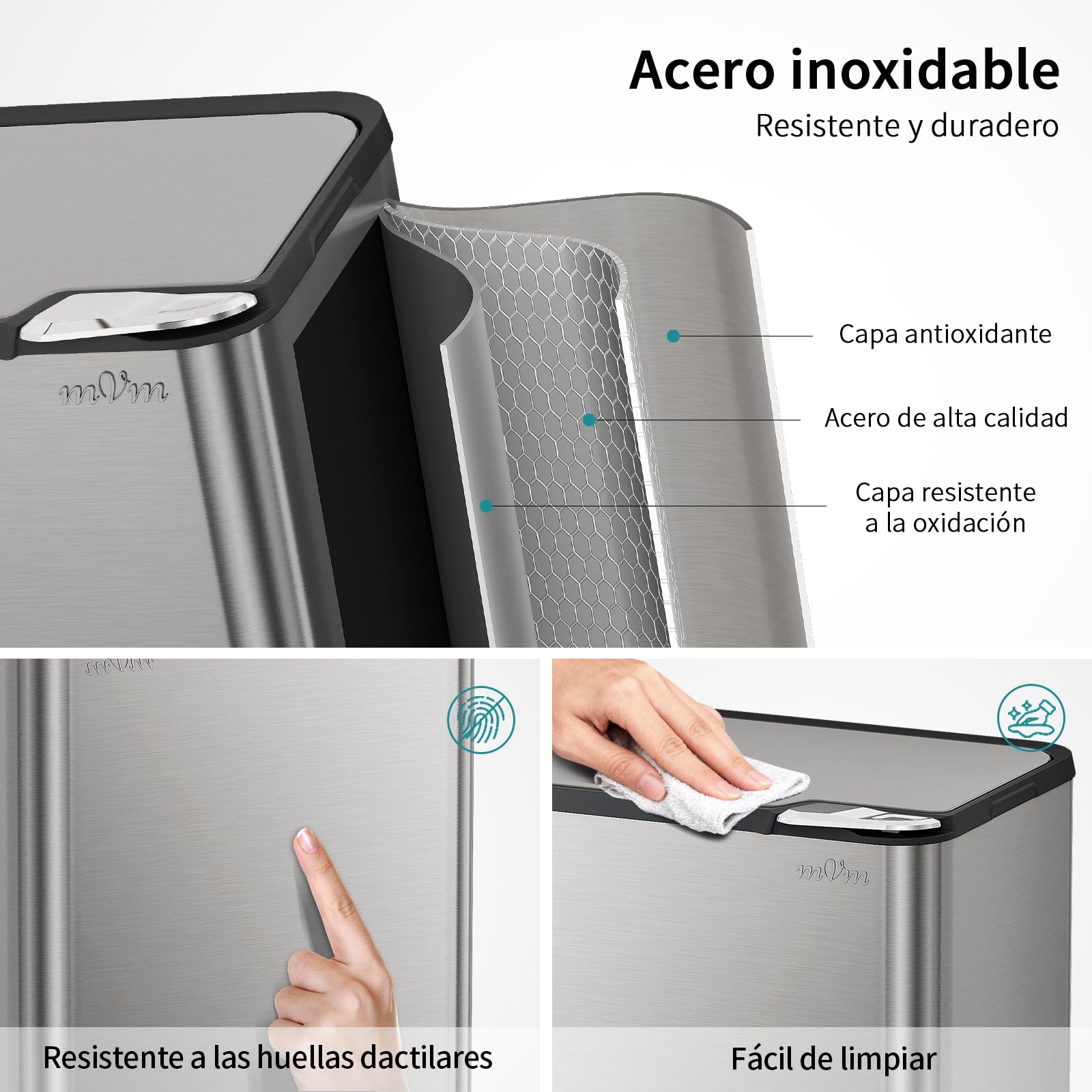 mVm Cubo de Basura con Presión Manual 50L, Acero Inoxidable Antihuellas con Soporte Desmontable, Tapa Amortiguada y Cubo Interior Extraíble