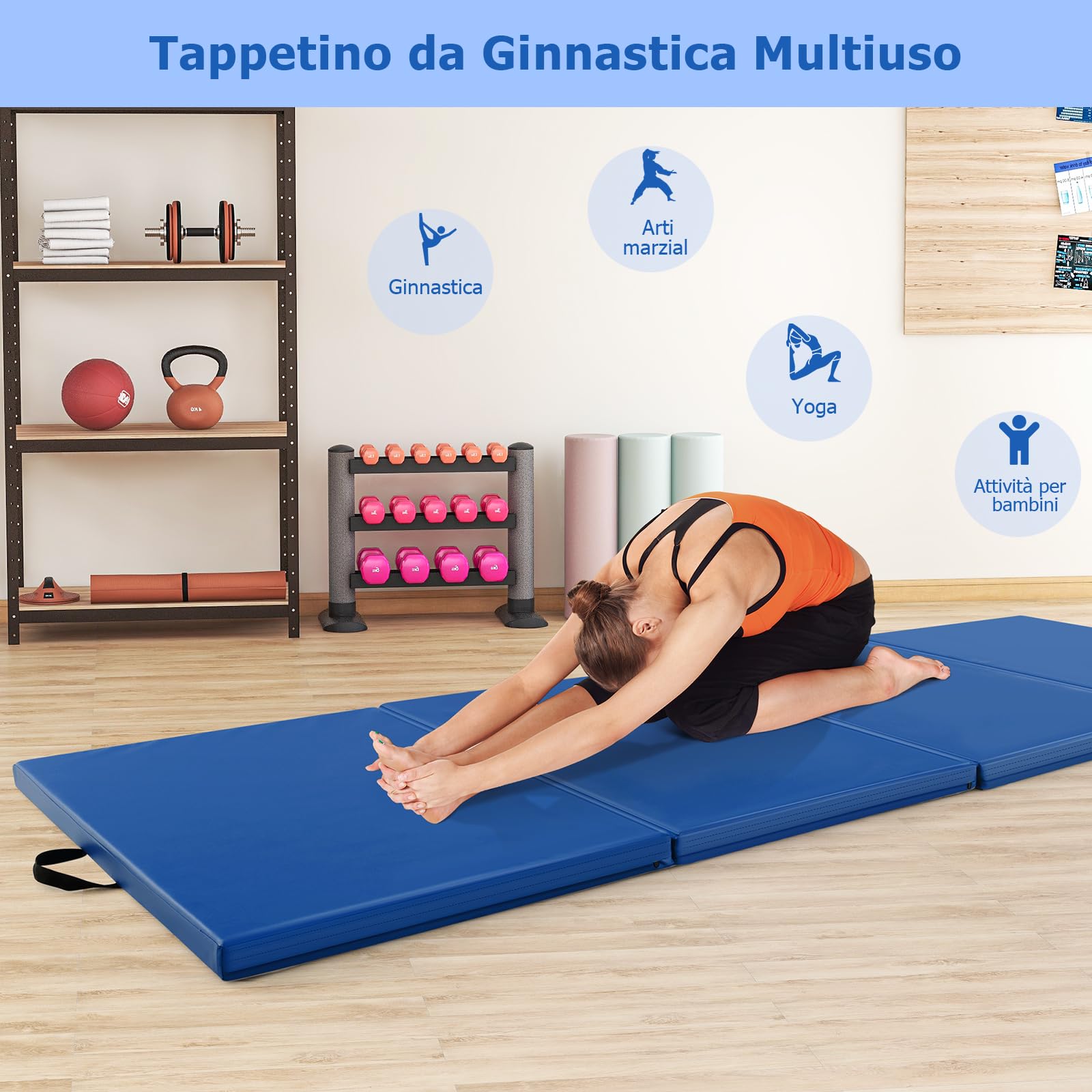 GYMAX Tappetino Ginnico Pieghevole a 4 Pannelli, Spesso 5 cm in Ecopelle con Chiusure a Strappo, Maniglie Portatili, Tappetini Portatili per Ginnastica, Arti Marziali, Yoga