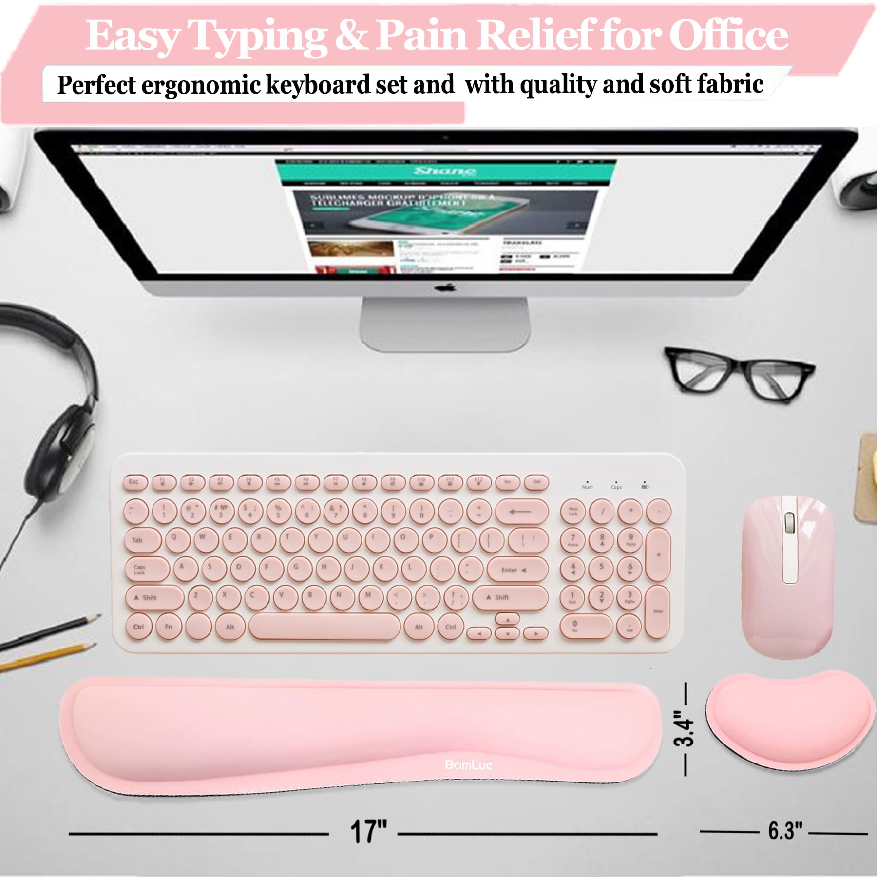 BamLue Ulepszona zmywalna podkładka pod nadgarstek ze skóry PU, żelowa podkładka pod mysz do łatwego pisania i ulgi w bólu, do laptopa, biura i domu, ergonomiczne zestawy do klawiatury, różowa