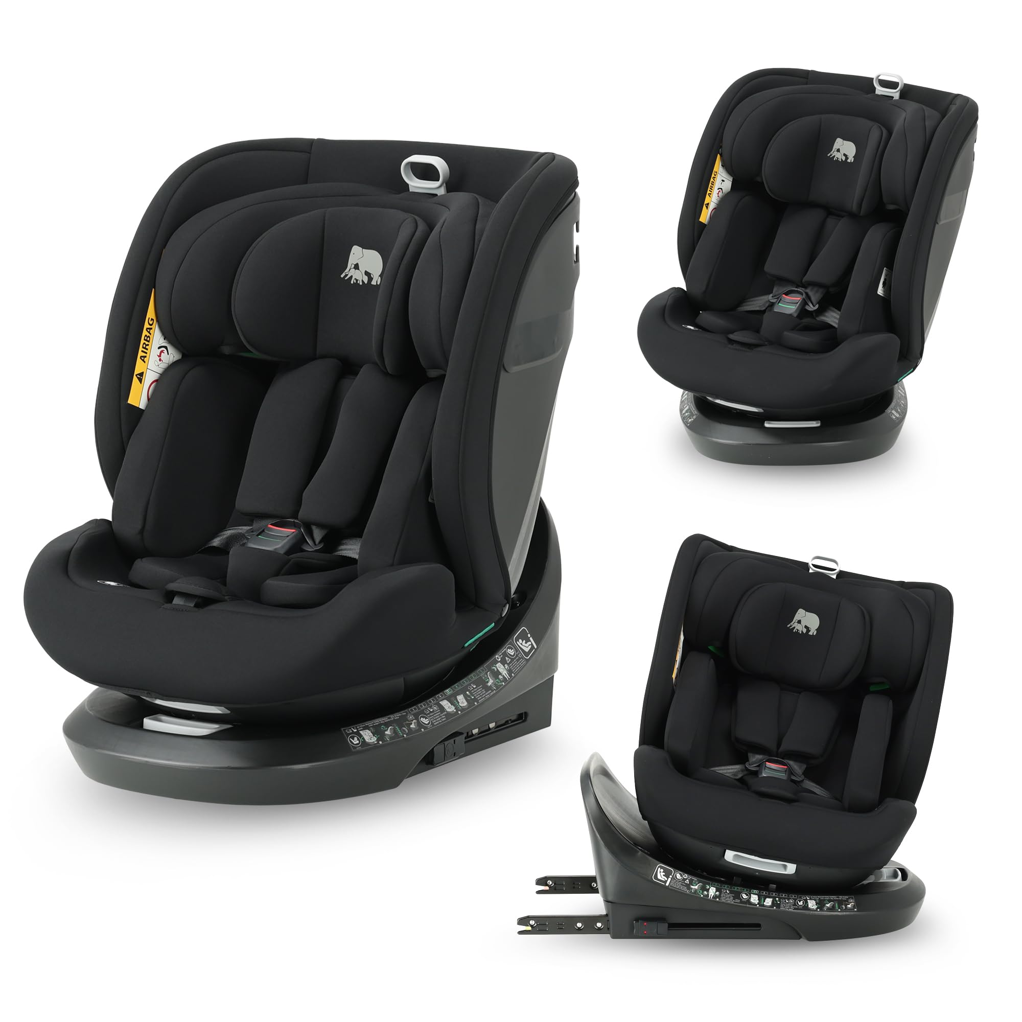 Deryan Cassie i-Size Kindersitz 40-150 cm - Gruppe 0+/1/2/3, Drehbarer Autositz 360°, 0-12 Jahre (0-36 kg), Isofix, Gurtbefestigung, Seitenaufprallschutz, Verstellbare Kopfstütze (Schwarz)