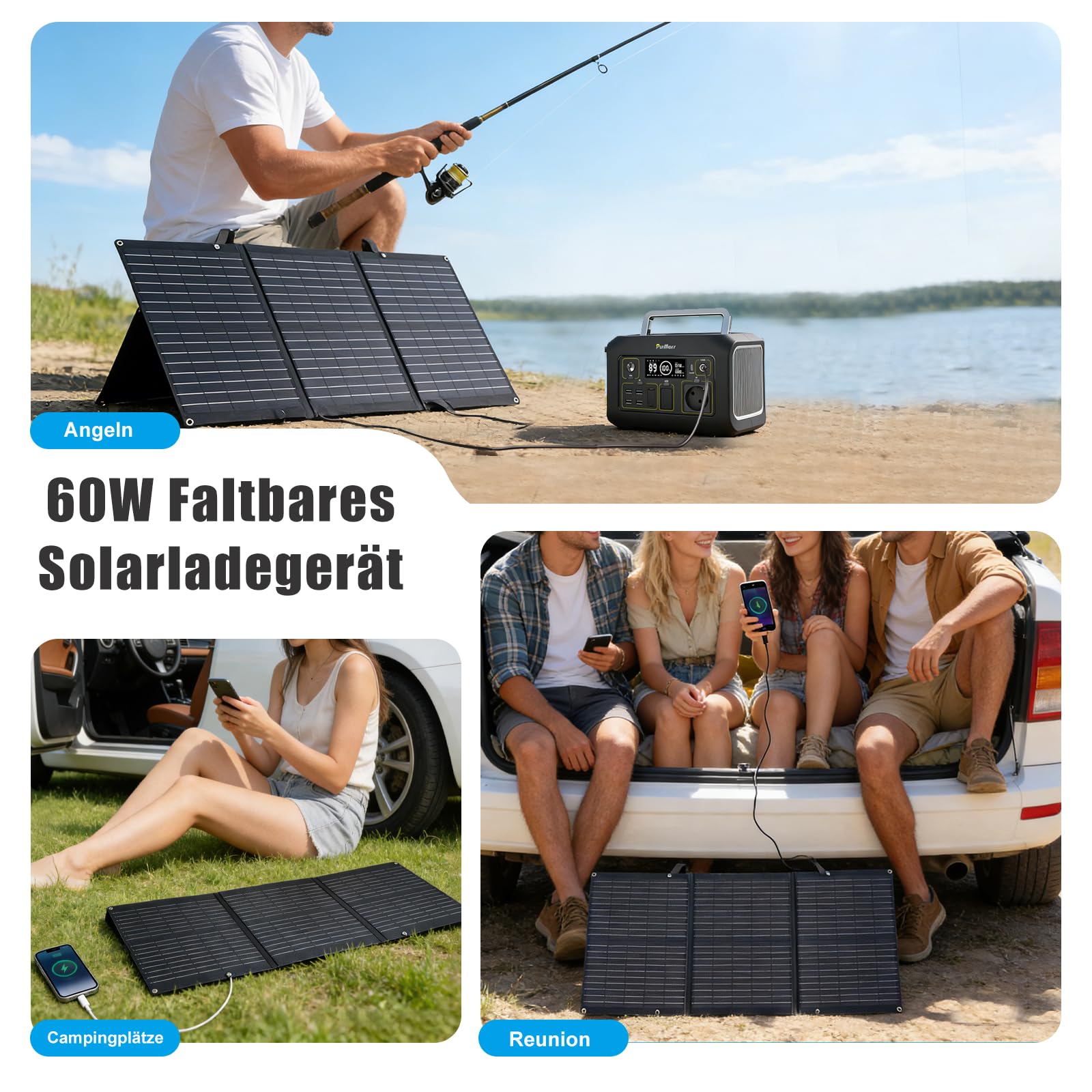 60W Tragbares Faltbarer Solarladegerät mit Ständer,Faltbares Solarpanel mit USB-C,USB-A und DC-Ausgängen,für Wandern,Camping,Notstromversorgung für Kleine Stromgeneratoren,Powerbanks,Telefone