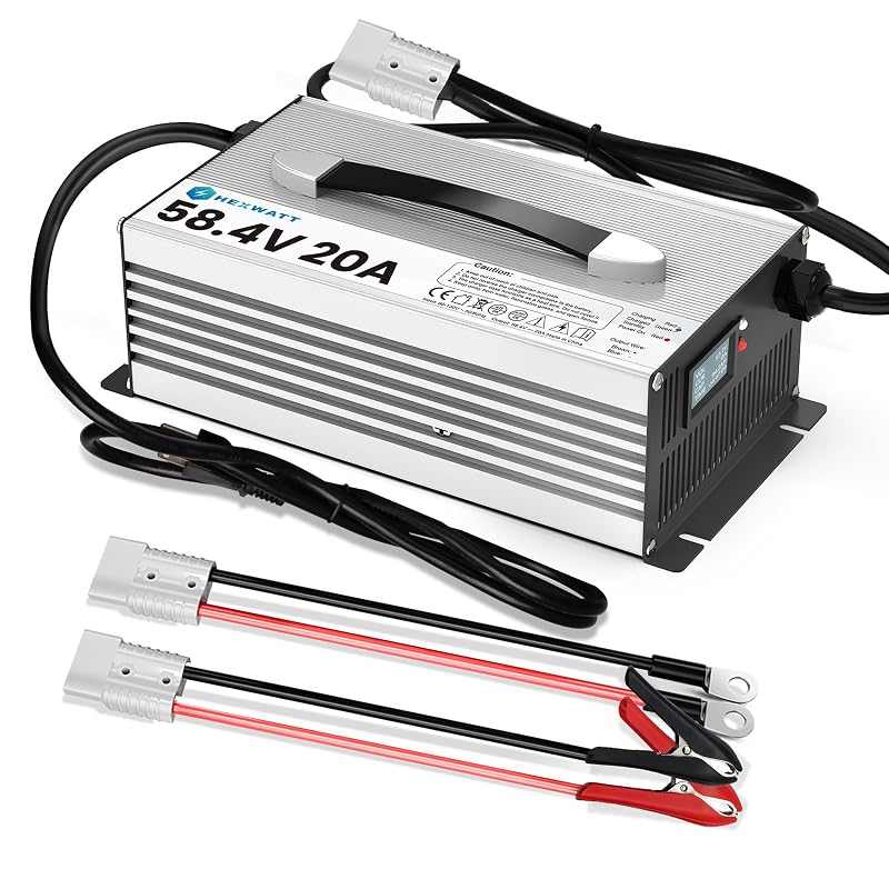 Carregador de Bateria LiFePO4 HEXWATT 58,4 V 20 A para Baterias de 48 V (51,2 V) com LCD e LED