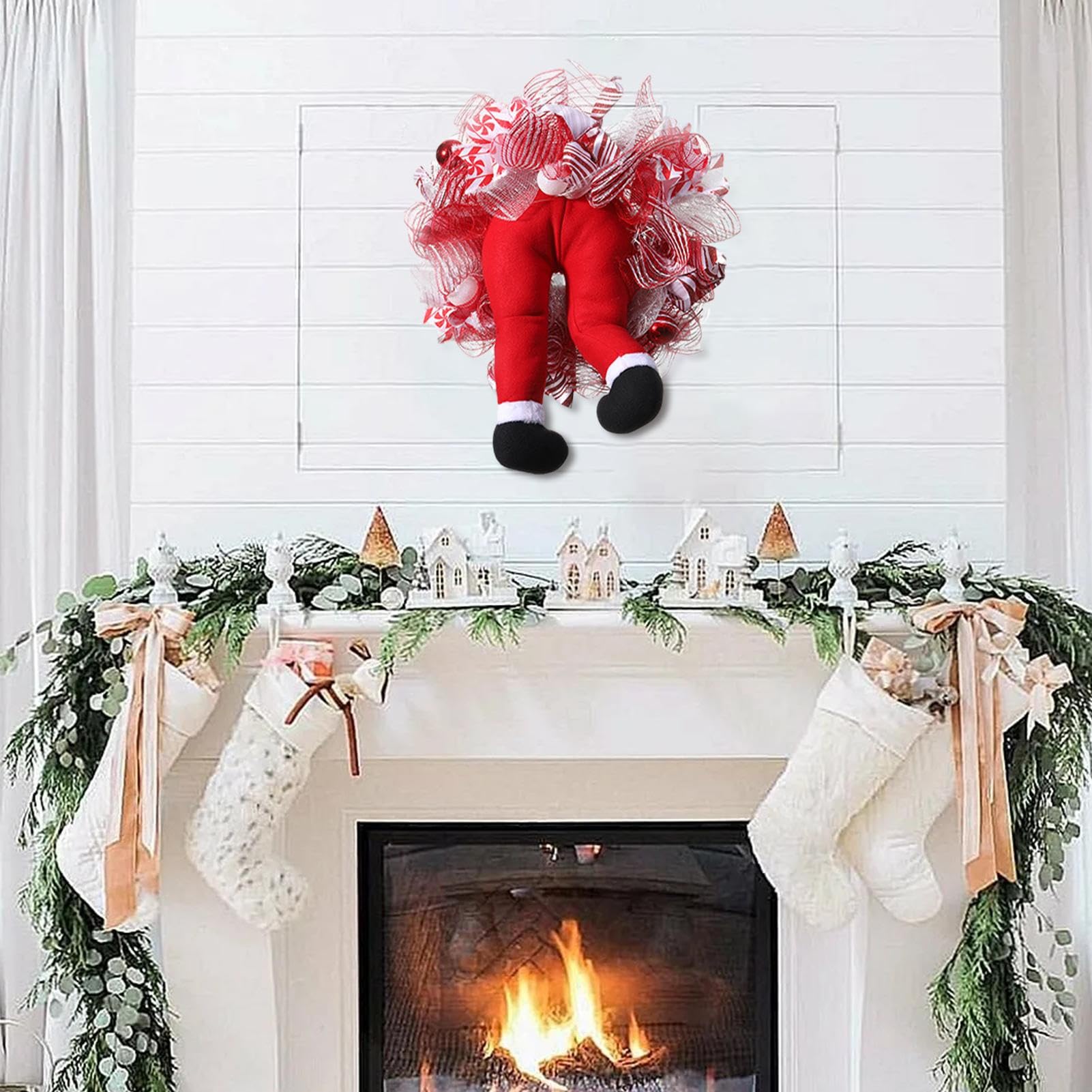 Amazon.co.jp: 玄関用クリスマスリース、赤いリボン付きサンタ