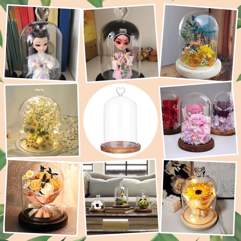 NBEADS Cúpula de Cristal En Forma de Corazón, Terrario de Tarro de Campana Cloche de 22cm de Largo con Base de Madera para Decoración de Escritorio de Velas Aromáticas, Claro