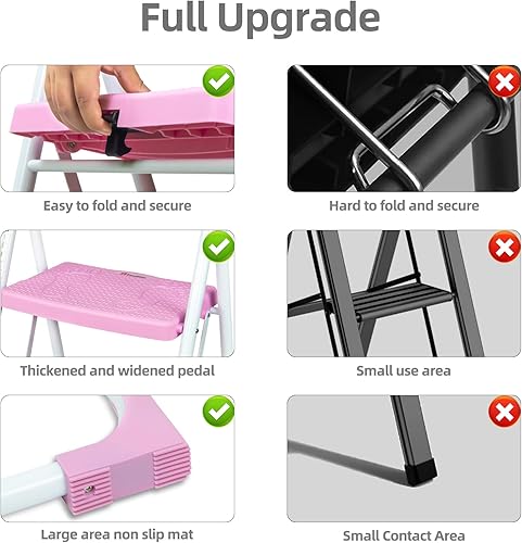Miniatura 4 de TOOLITIN Escalera de 3 escalones, taburete plegable con pedal antideslizante ancho, escalera de acero resistente de 500 libras, mango cómodo,