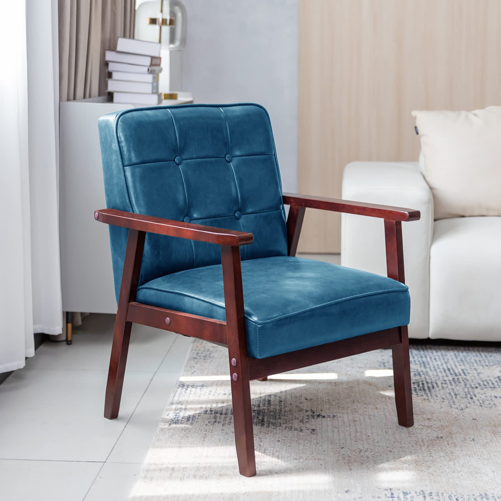 Okeysen Mid-Century Modern Accent Chair, Leather Retro Armchair for Living Room, Solid Wood Single Sofa Chair with Cushion, Lounge Chairs with Armrest