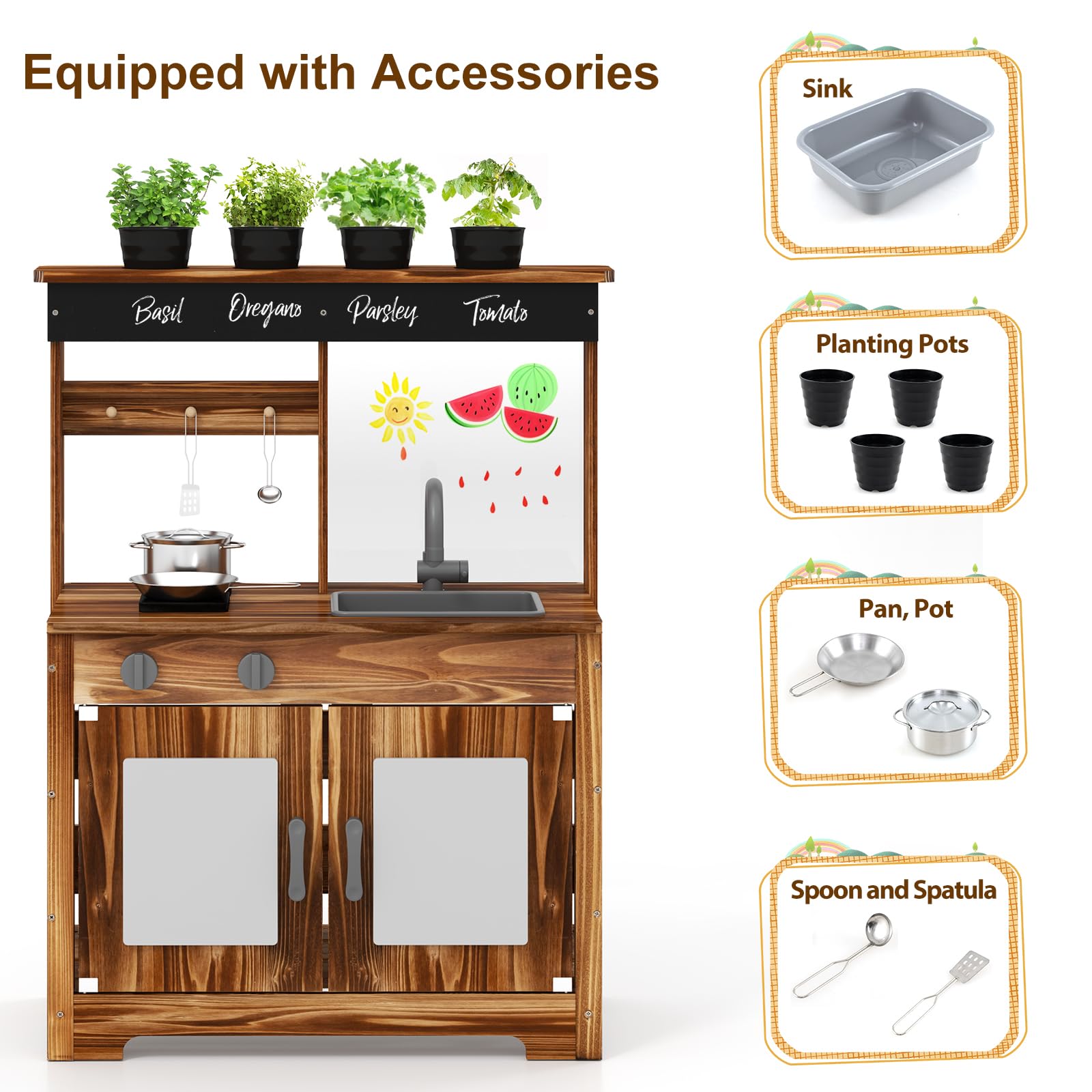 HOMASIS Cuisine d'extérieur en bois, cuisine jouet pour enfants combine cuisine et jardin, cuisine éducative avec tableau blanc, panneaux acryliques, évier et robinet pour enfants à partir de 3 ans