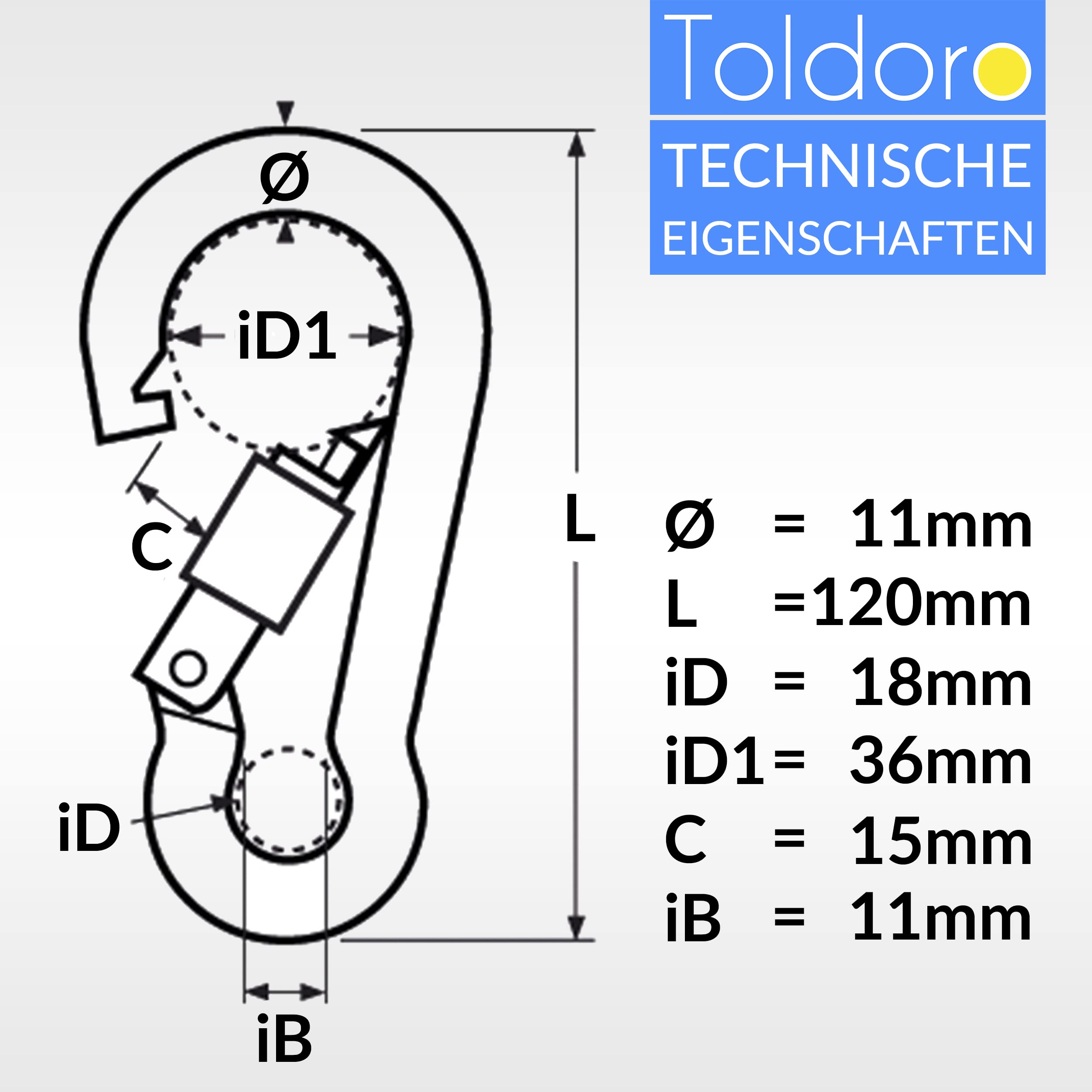 Toldoro® 10x Edelstahl Karabiner mit Schraubverschluss 120mm Rostfrei - NIRO AISI 316 V4A / Karabinerhaken Klein für Schaukel, Hängematte oder Sonnensegel/Schraubkarabiner, Bruchlast 1000kg