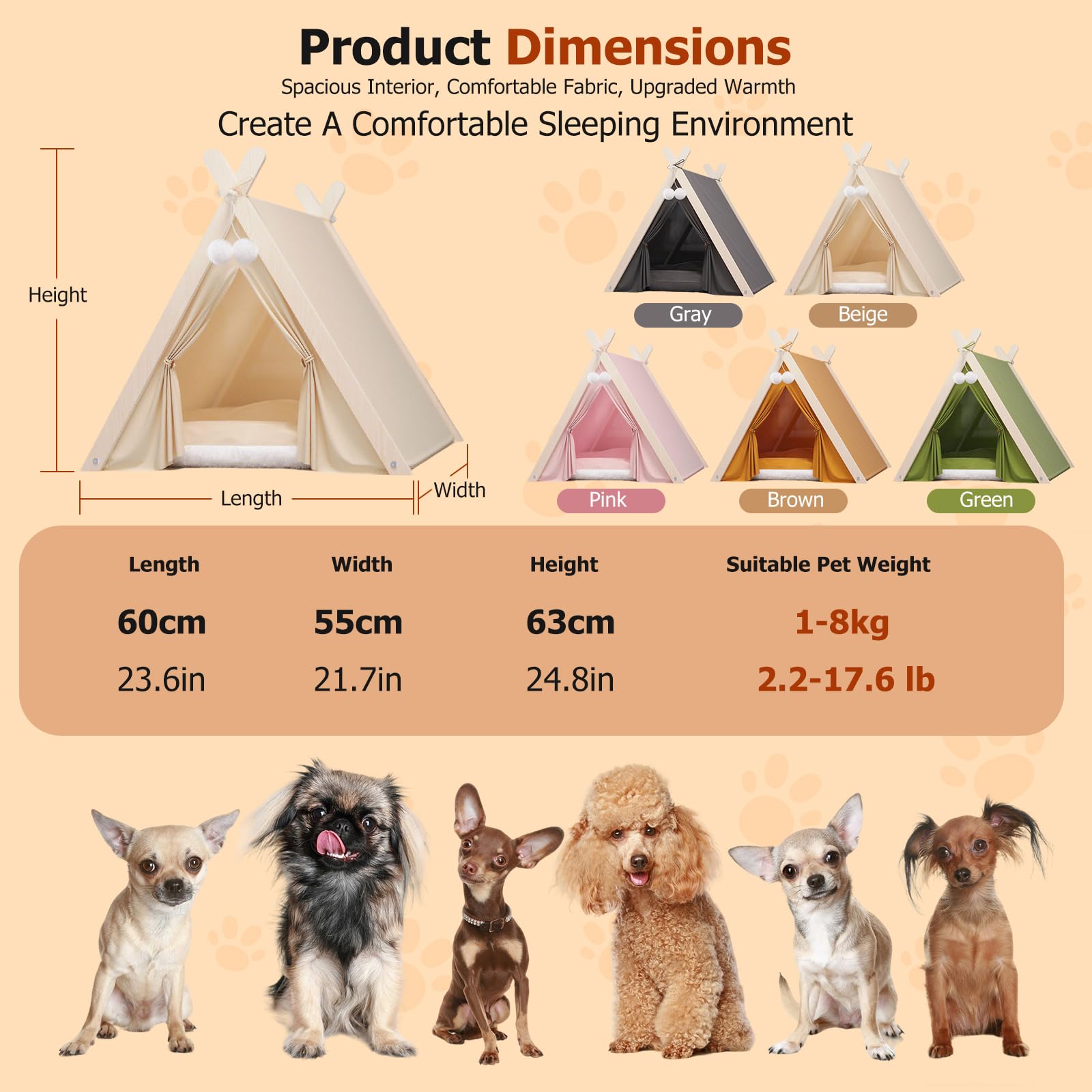 PETCUTE Haustier-Tipi Zelt für Katzen, Kätzchen und kleine Hunde, faltbares Hundezelt mit dreieckigem Holzrahmen und abnehmbarem, waschbarem Kissen, gemütlicher Katzenzelt für Indoor Outdoor,Beige