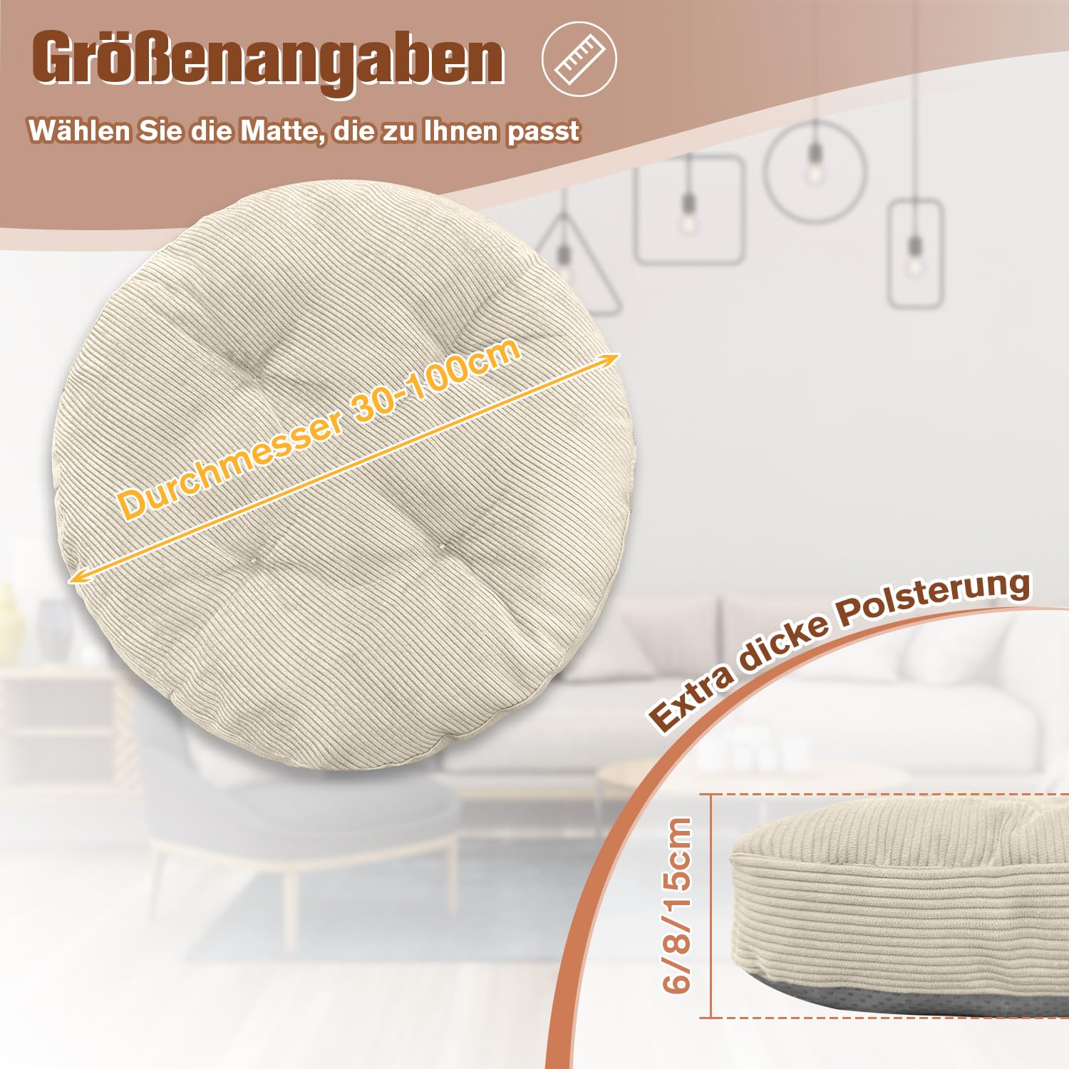 Sitzkissen Rund 30cm Dicke 6cm 1 Stück Bodenkissen Rund Sitzpolster Stuhlauflage Sitzpolster Stuhlkissen Polster Auflage für Wohnzimmer Büro Konferenzraum Cordstoff （Weiß）