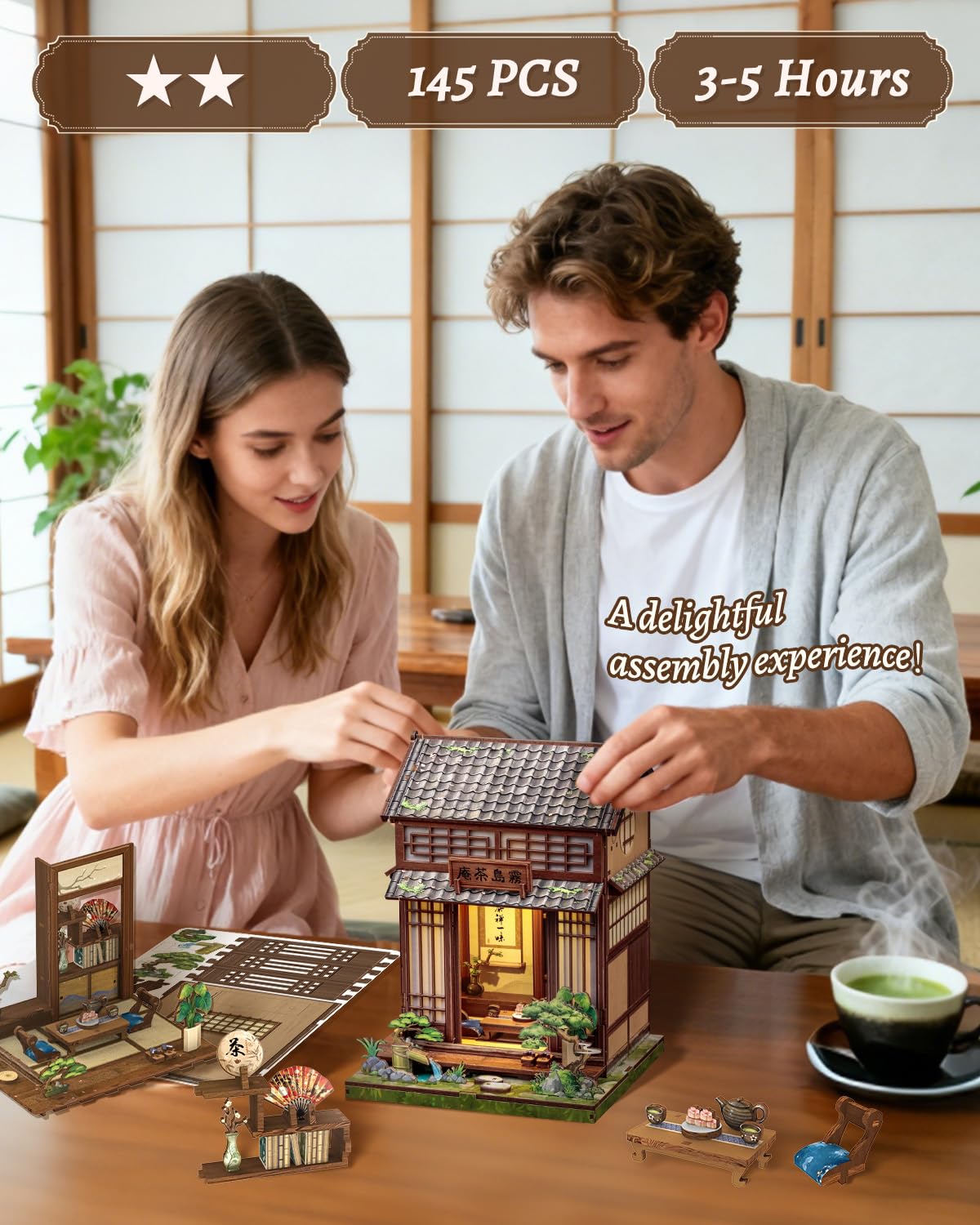 CUTEBEE Book Nook - Kit Casa delle Bambole per Adulti, Casa da Tè Giapponese, Mini Casa Fai da Te, Puzzle 3D in Legno, Regalo Decorativo per Libreria