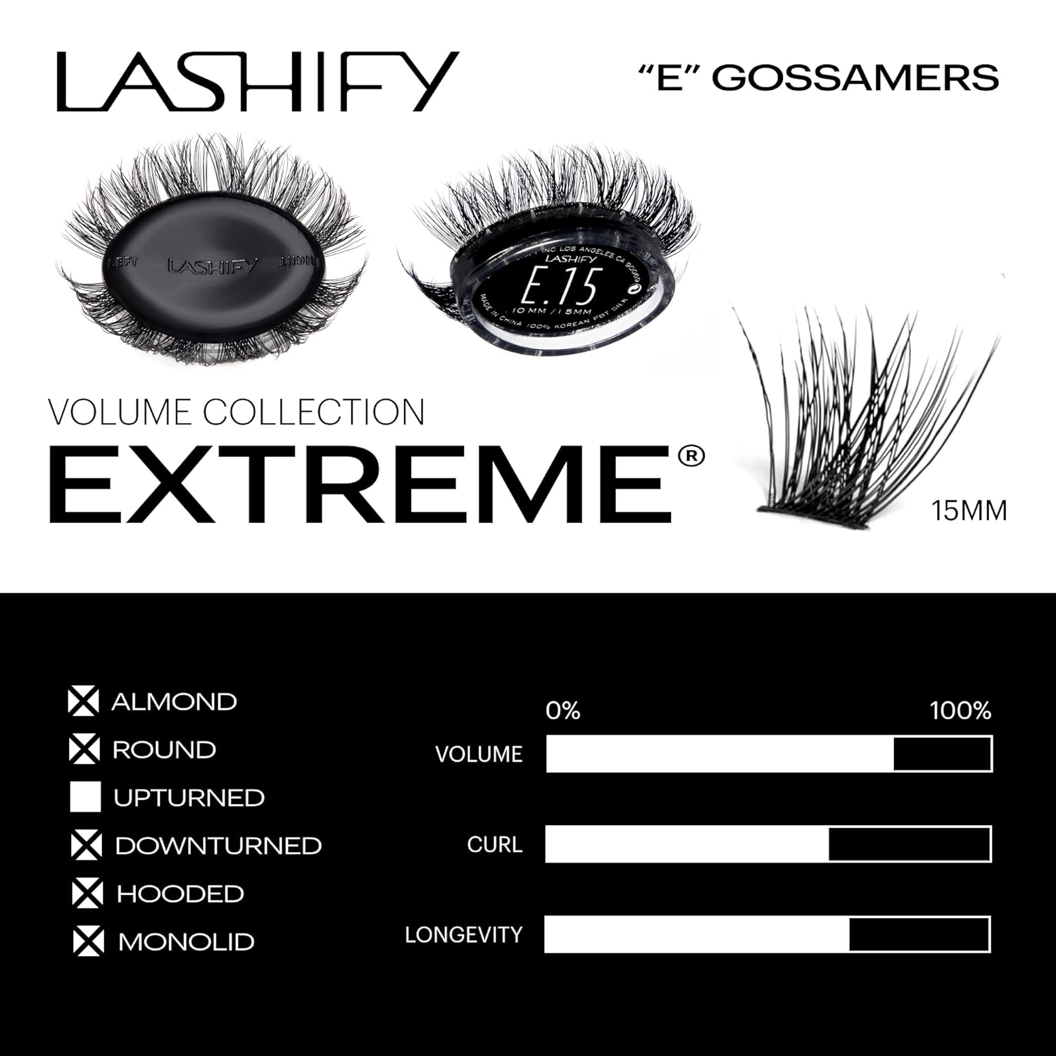 Lashify Extreme 15mm Gossamer DIY Eyelash Extensions Refill, Black, Easy False Lashes To Add Tremendous Volume