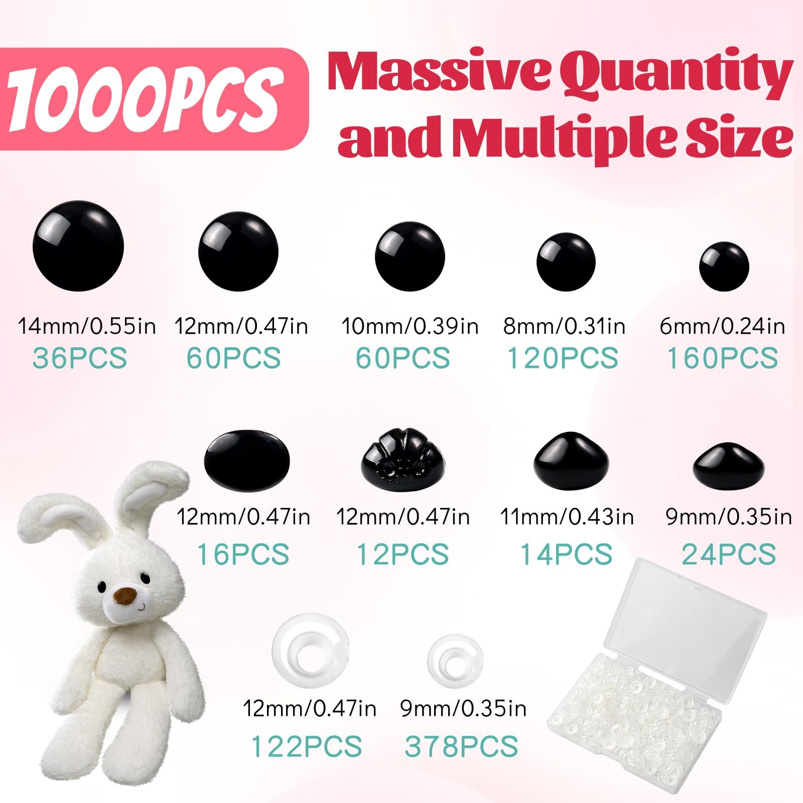 WIURGOHA 1000 Pcs 6-14mm Black Plastic Safety Eyes with Washers for Crochet Craft Doll Eyes, DIY Accessories, Amigurumi - Image 2
