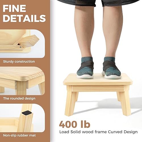Miniatura 2 de HOUCHICS Taburete de madera, taburete de un paso para adultos y niños, taburete de madera para cocina, baño, dormitorio