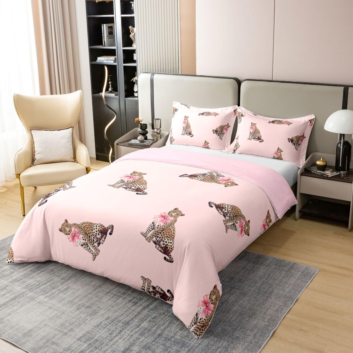 Homewish Modny Leopard Podwójny Zestaw Pościeli Różowe Kokardki Bawełniana Poszwa Na Kołdrę Afrykański Dziki Gepard Poszewka Na Kołdrę Preppy Y2K Estetyczne Zestawy Łóżek